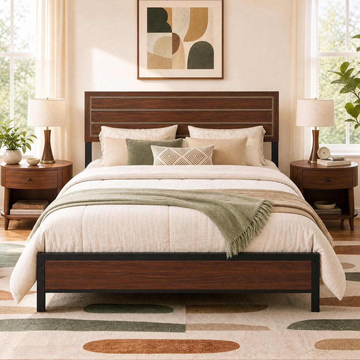 LIKIMIO Queen Bed Frame with Headboard, Unique Mid-Century Modern Design