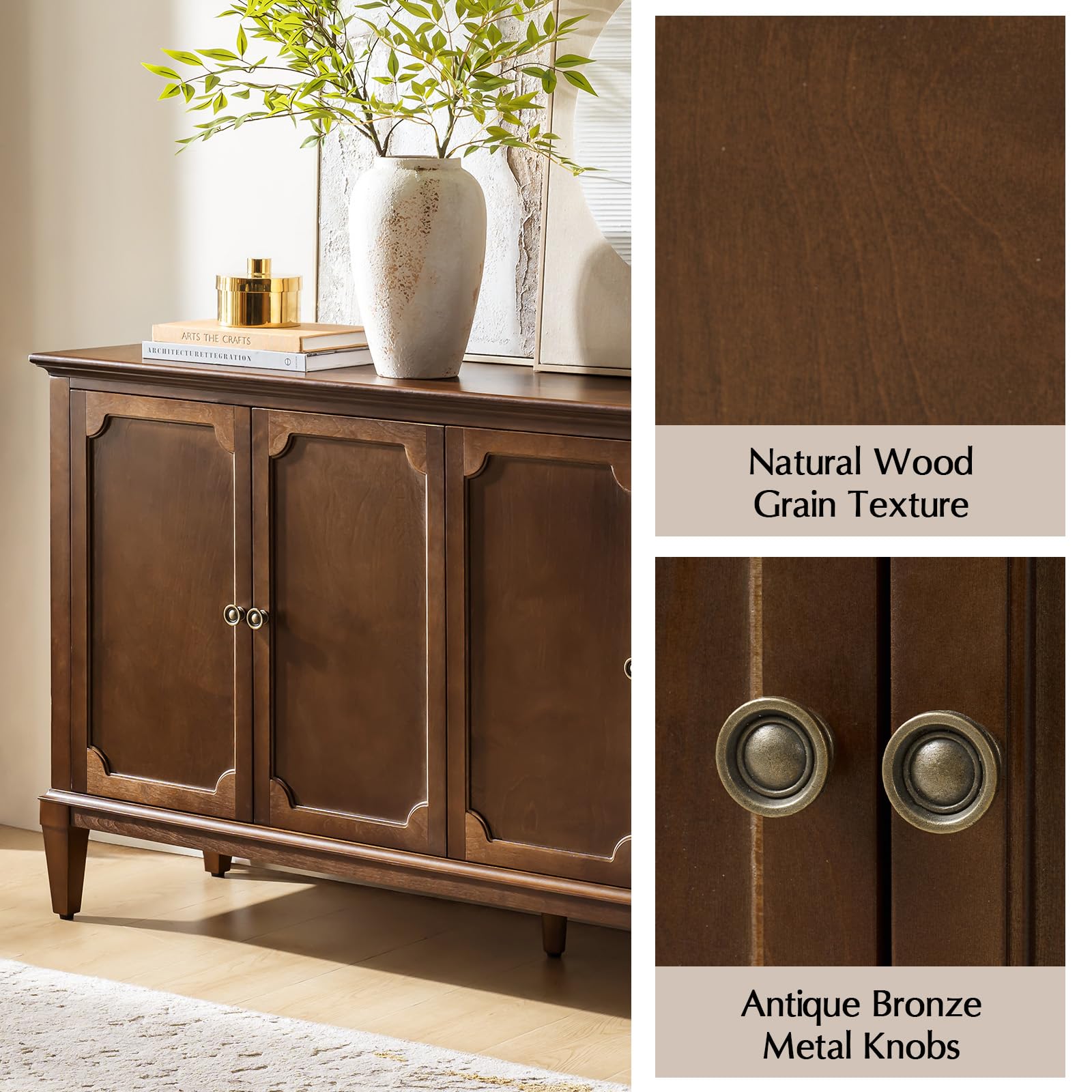 HULALA HOME Mid-Century Modern Sideboard Cabinet, 4-Door Storage Buffet, 58" W x 15.75" D x 32.2" H, Adjustable Shelves, Solid Rubberwood Legs(Walnut)