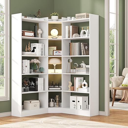 7-Tier L-Shaped Corner Bookshelf with Anti-Fall Baffles – 63.1" Tall