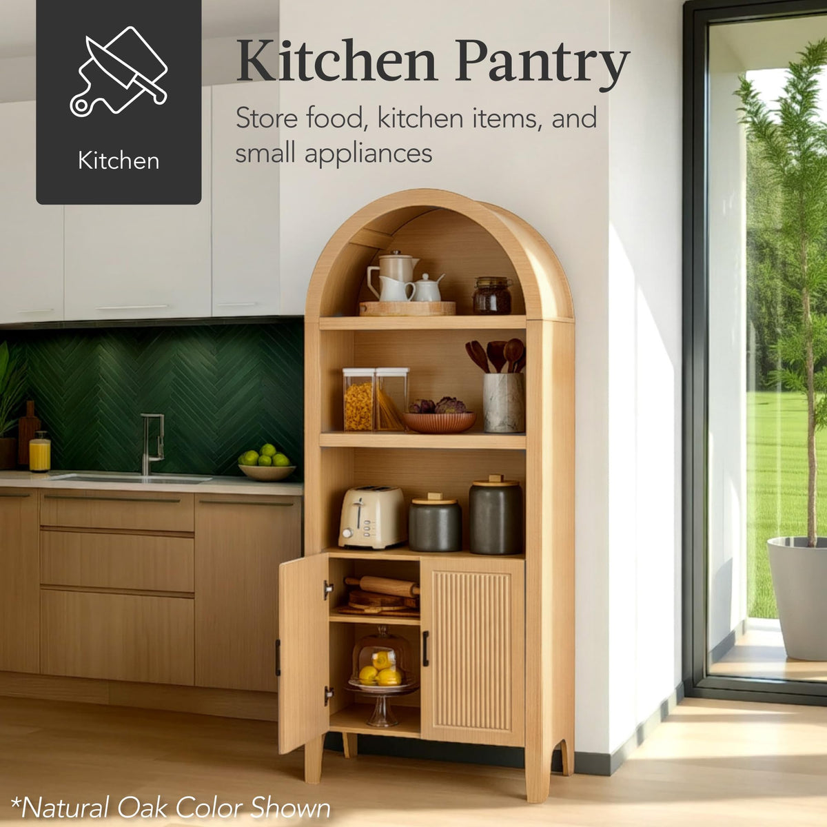 Best Choice Products 72" Tall Arched Pantry Cabinet w/Reeded Doors, 5-Tier Bookshelf, Armoire, Hutch, Bookcase, Storage Cabinet w/Adjustable Shelves, for Dining Room and Livingroom - Sage