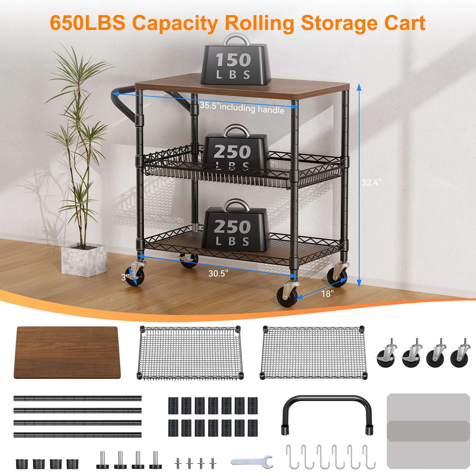 NTE Rolling Kitchen Carts on Wheels, 650Lbs Capacity 3 Tier Utility Cart with Wood Tabletop, Kitchen Storage Cart with 8 Hooks, Metal Serving Cart with Handle and Shelf Liners for Kitchen, Black