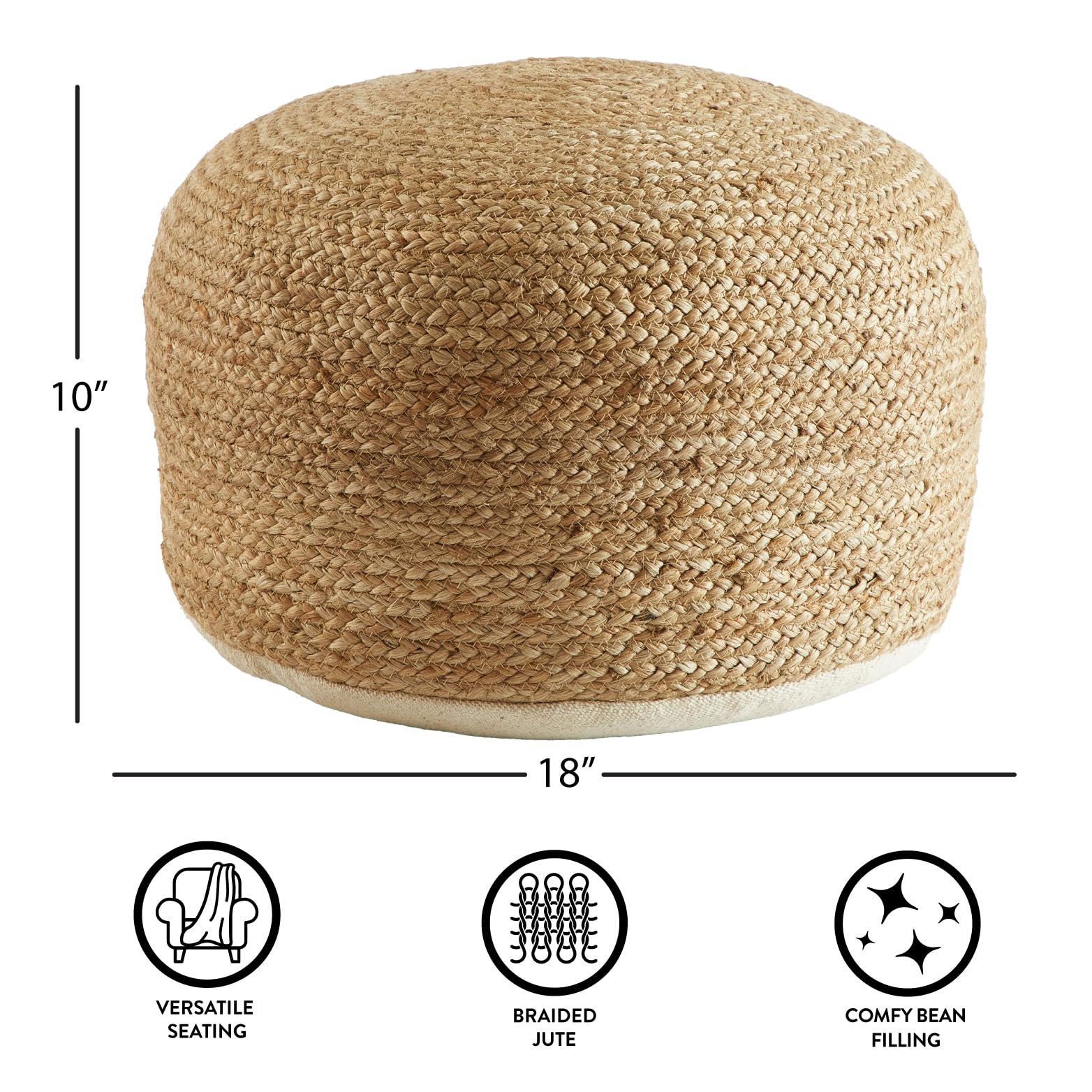 Urban Lifestyle Circular Natural Jute Braided Pouf Ottoman and Footrest, 18"x18"x10"H