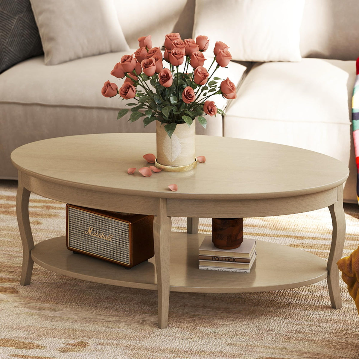 Oval Solid Wood Coffee Table with Storage