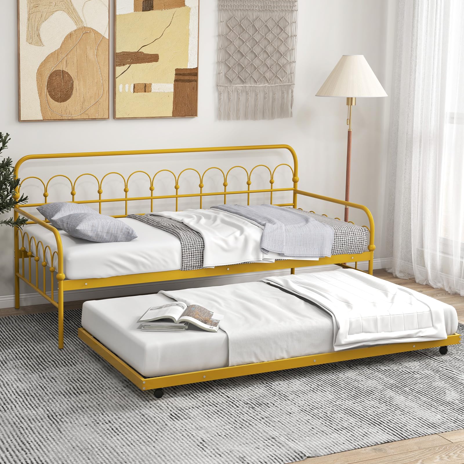 Giantex Twin Daybed with Trundle Gold, Metal Day Bed with Convenient Pull-Out Trundle Bed, Metal Slats, Lockable Universal Wheels, 2-in-1 Daybed Bed Frame for Guest Room, Living Room, Bedroom