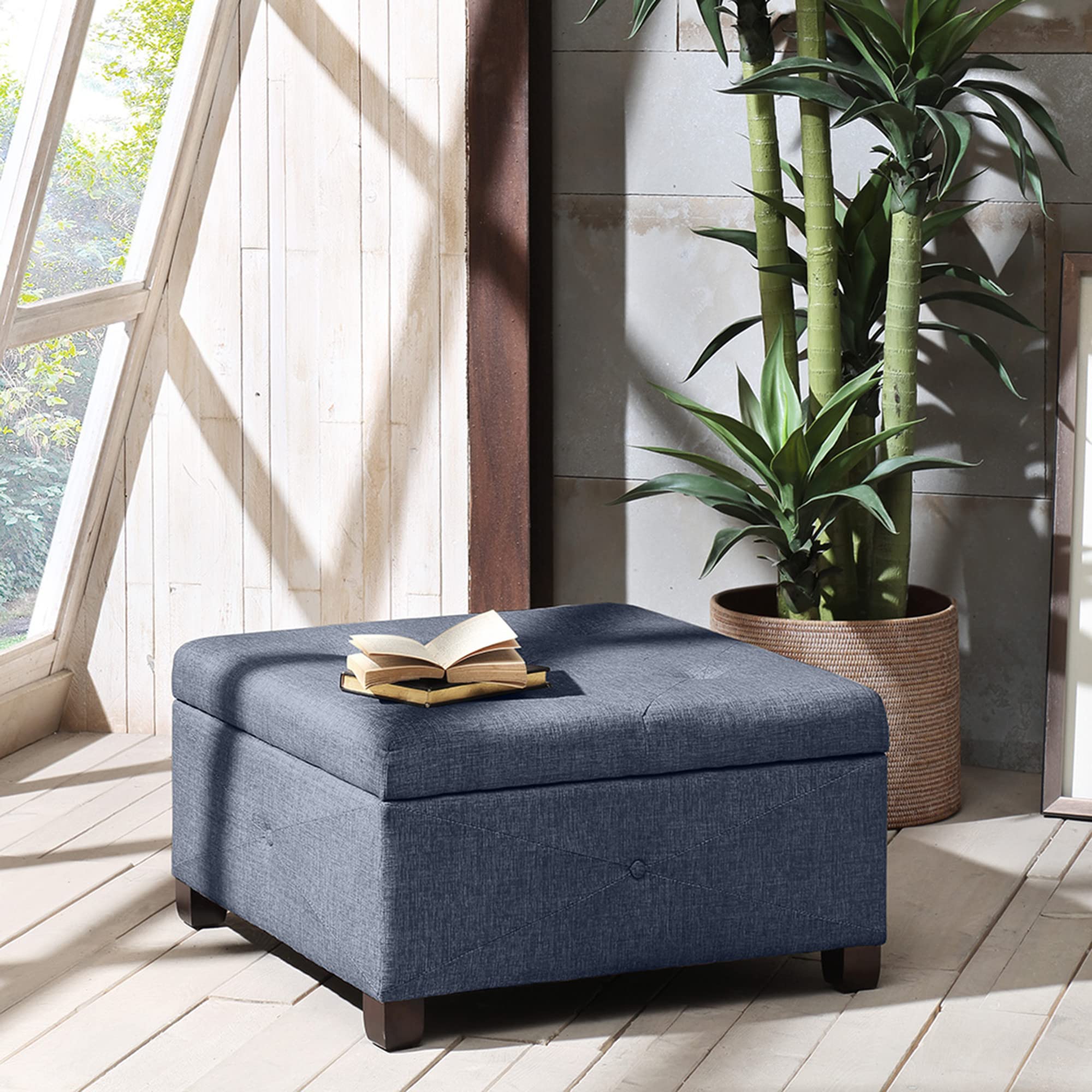 Madison Park Aspen Square Storage Ottoman Bench, Upholstered Textured Fabric Button Tufted Chest with Solid Wood Legs, Accent Furniture for Bedroom Décor, Blue