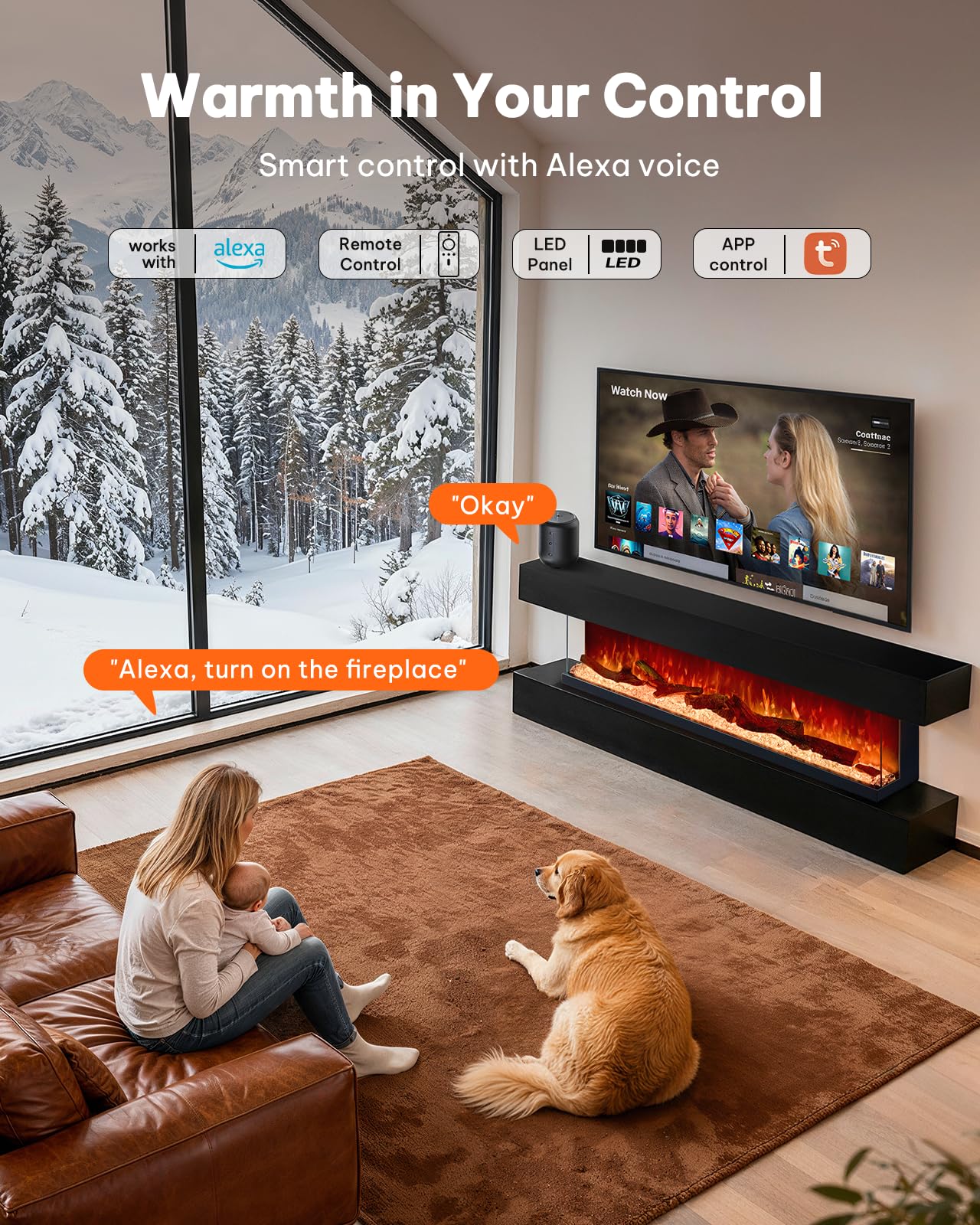 50" 3-Sided Electric Fireplace Insert with Alexa & App Control