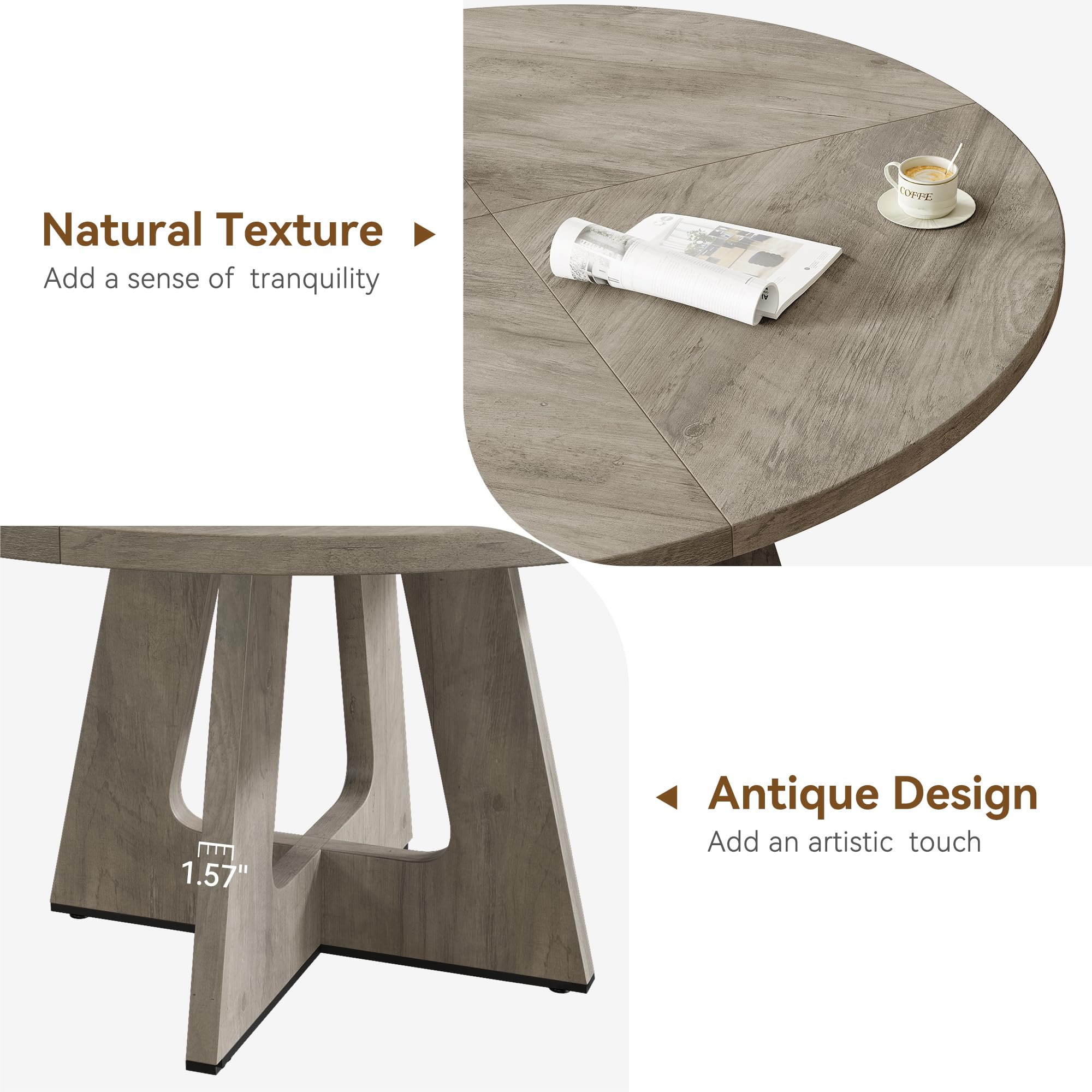 Garvee 47" Round Dining Table for 4 to 6, Farmhouse Kitchen Table with Cross Pedestal Base, 63 Lbs Circle Dinner Table, Not Easy to Slide - Grey (No Chairs)