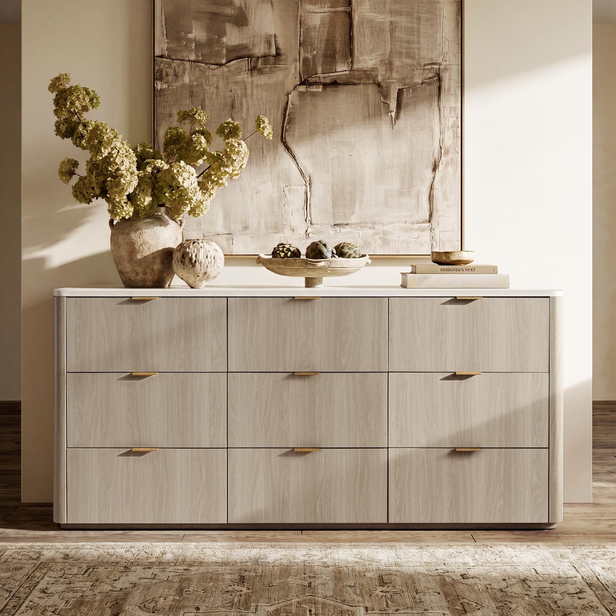 ModernMate 9 Drawer Dresser for Bedroom, 63" Wide Dresser with Faux Travertine Texture Top & Smooth Glide Drawers, Large Clothes Dressers for Bedroom Storage, Modern Tall Chest of Drawers, Grey