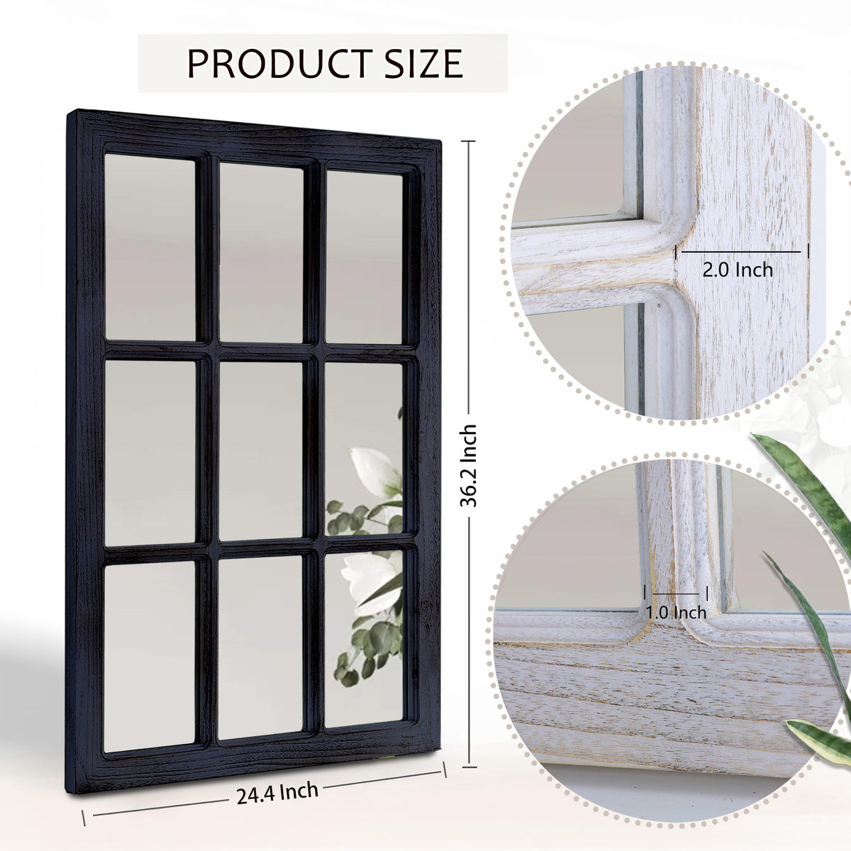 Black Wood Windowpane Wall Mirror