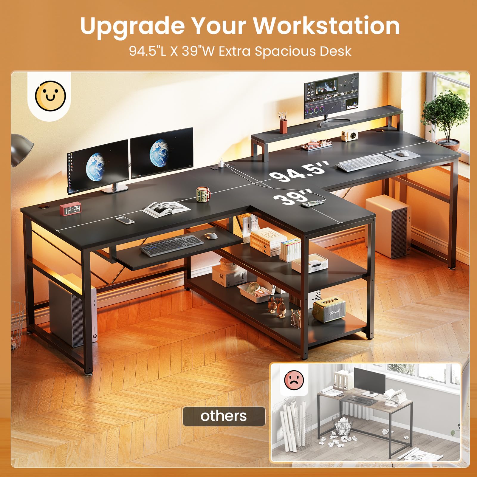 94.5" 2-Person Desk with LED Lights, Storage & Monitor Stand