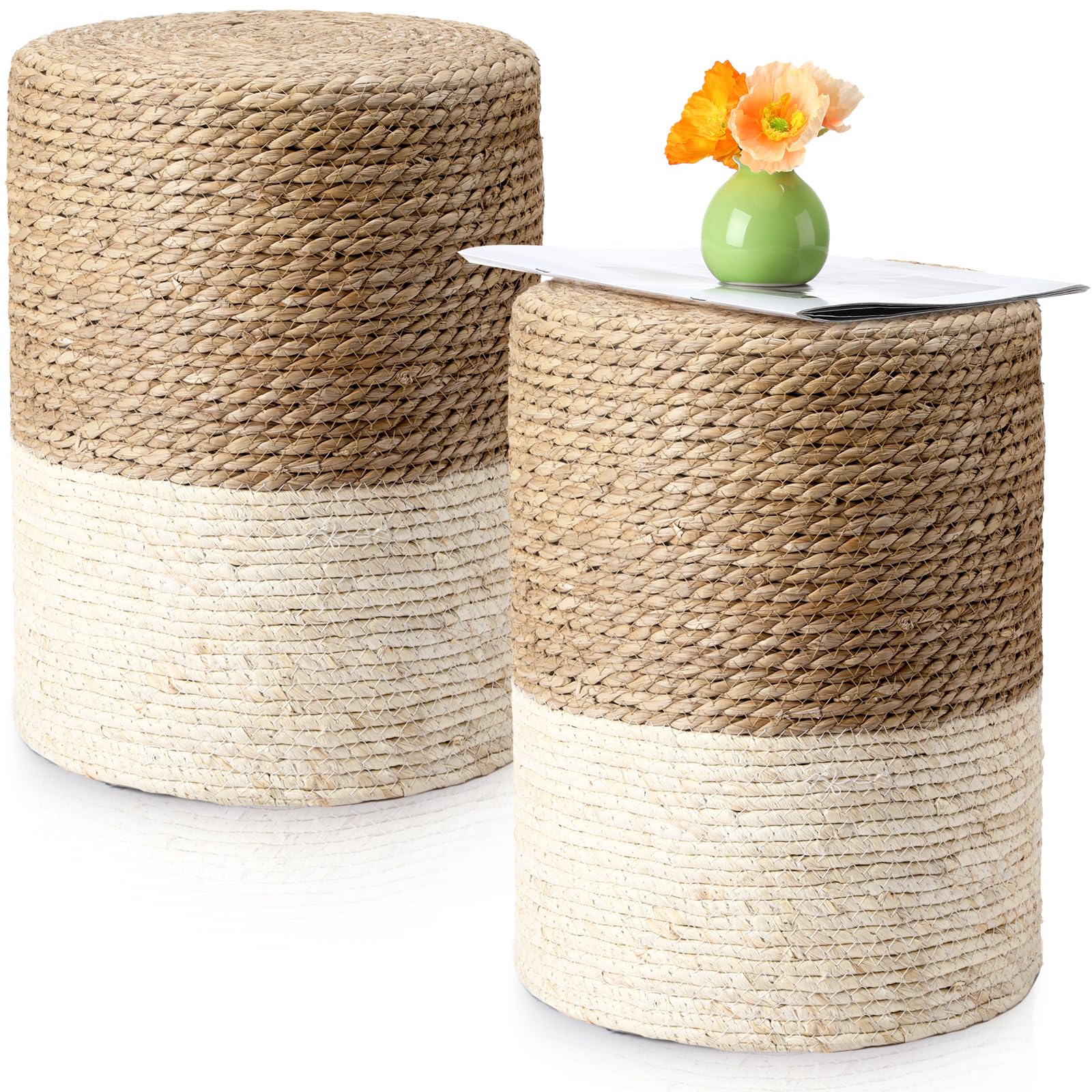 Round Seagrass Pouf Ottoman Set of 2 – Boho Footrest Stool
