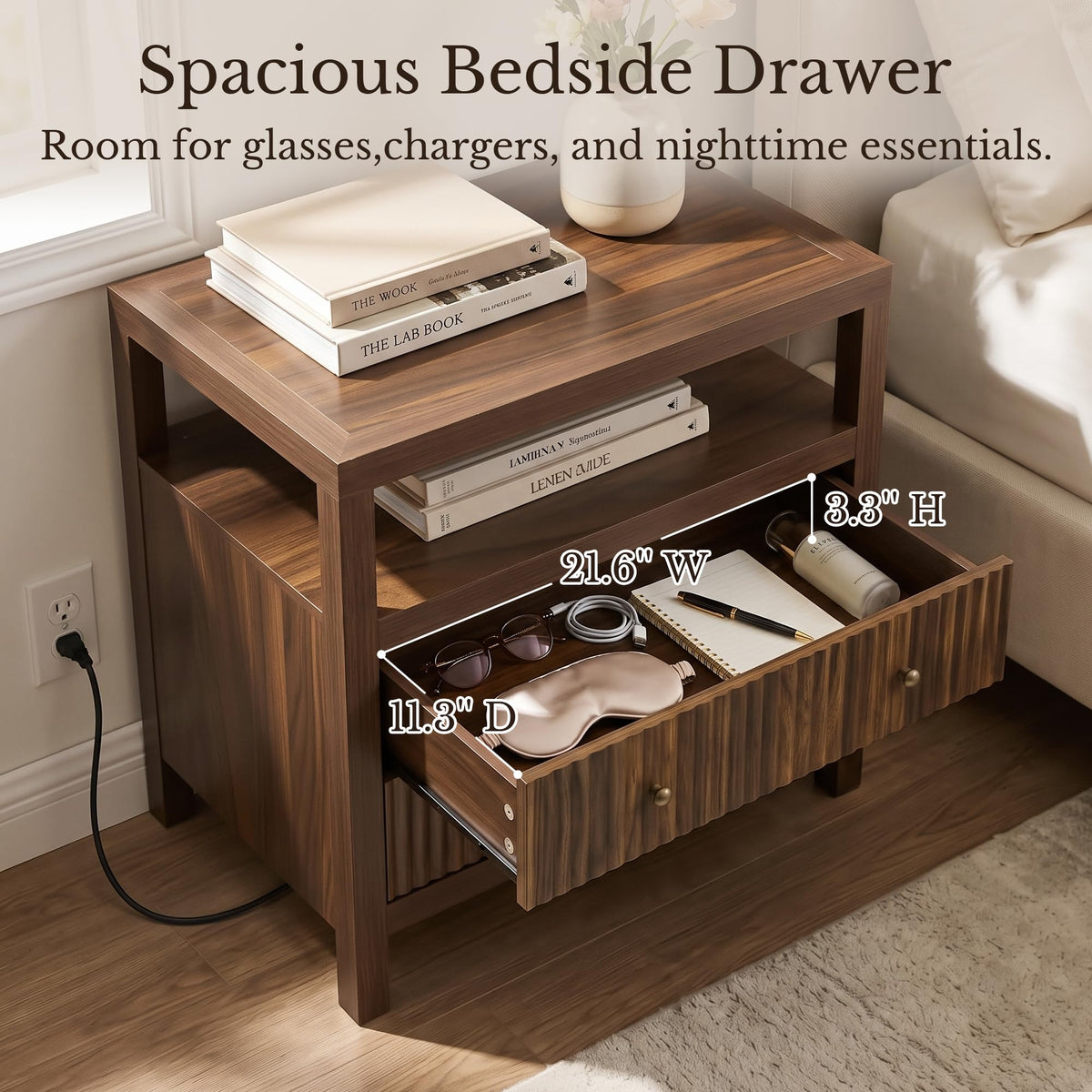 AURELIA LEVEAUX 26" Wide Dark Walnut Fluted Charging Nightstands Set of 2