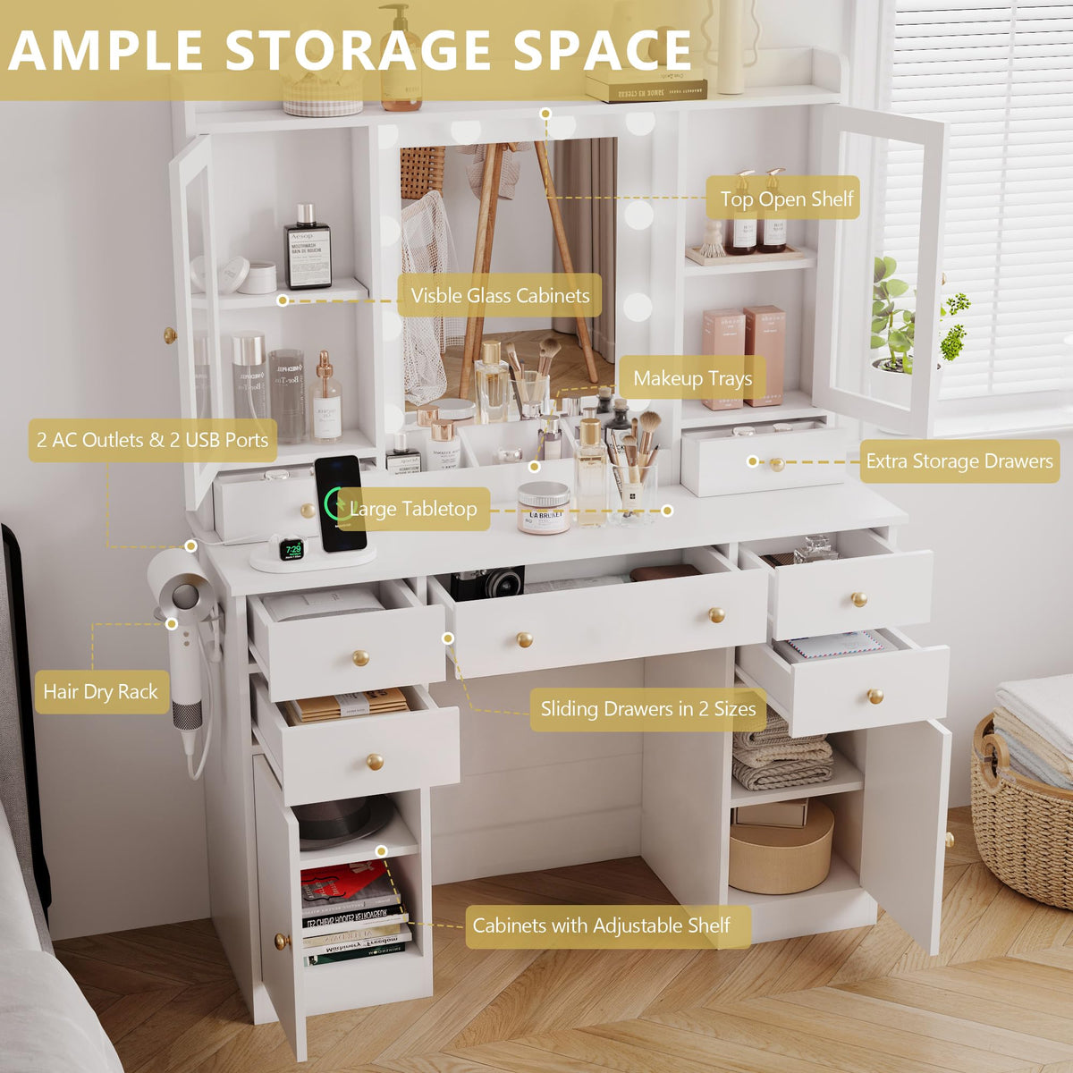 Xixini 44" Vanity Desk with Mirror & Lights, Glass Storage Cabinets, White