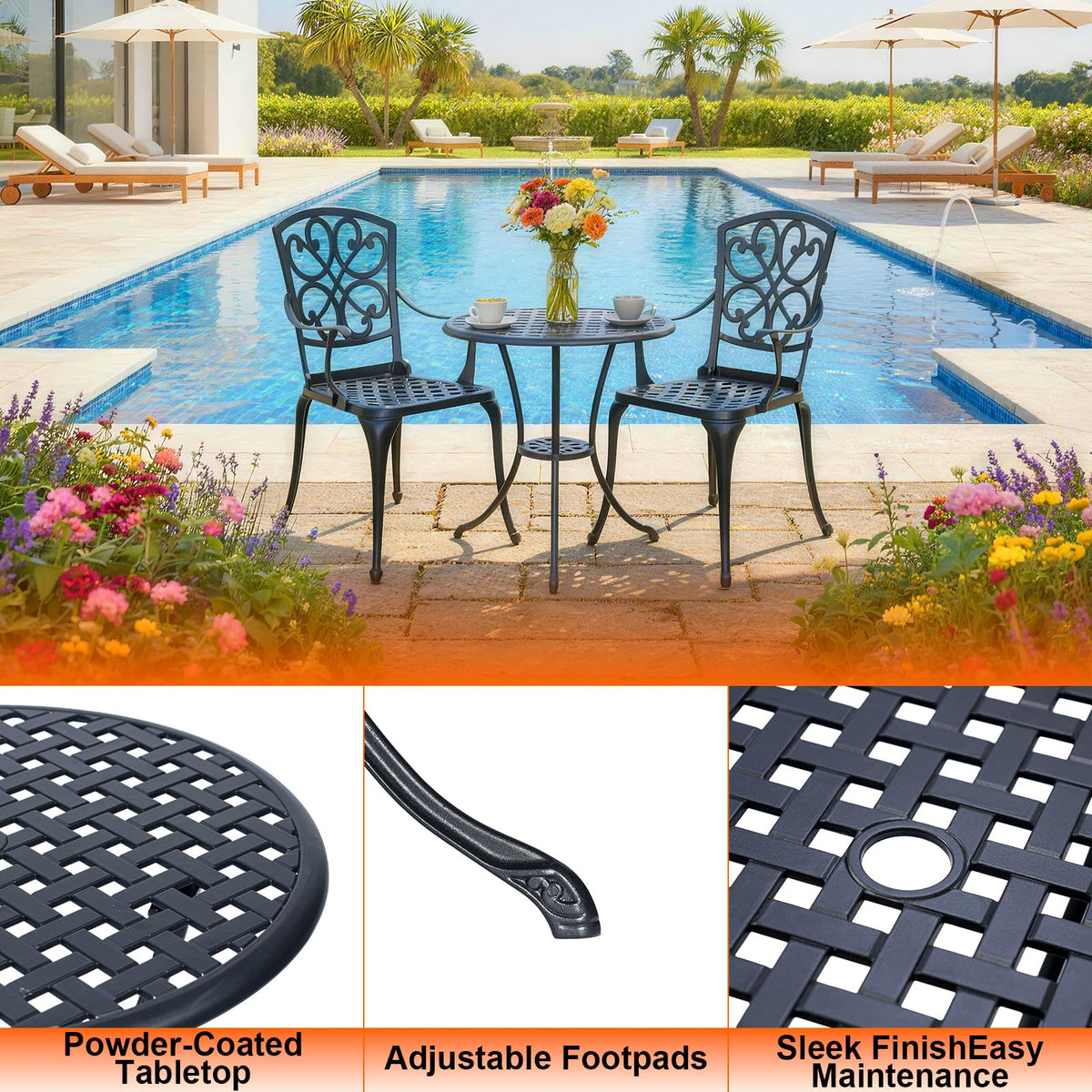 Withniture 3 Piece Outdoor Bistro Set,Patio Table and Chairs Set of 2