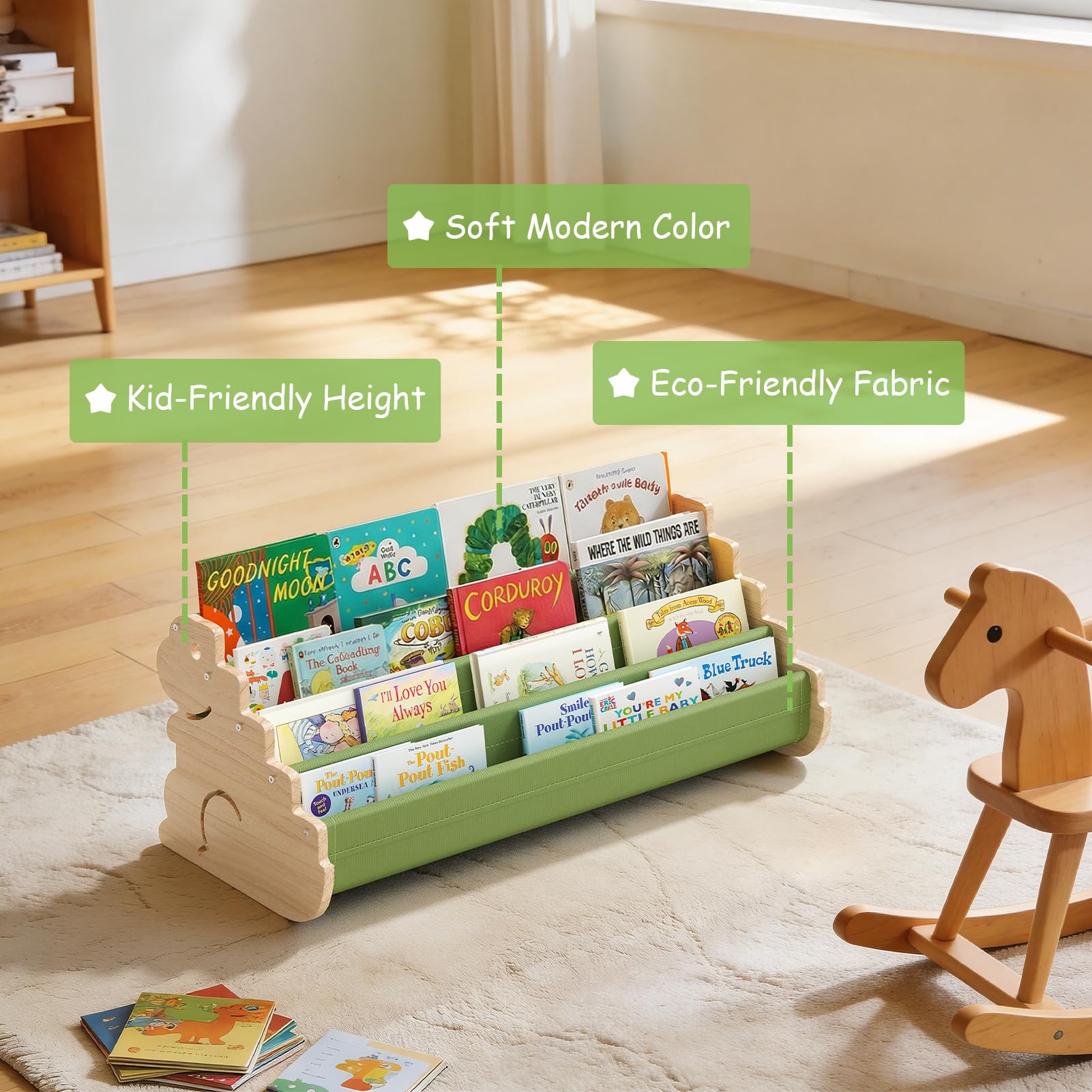 LAMU Kids Bookshelf, 4 Tier Solid Pine Wood Toddler Bookshelf, Book Shelf for Kids Rooms, Portable Montessori Bookcase, Childrens Book Storage Display for Baby's Bedroom Nursery Playroom (Dinosaur)