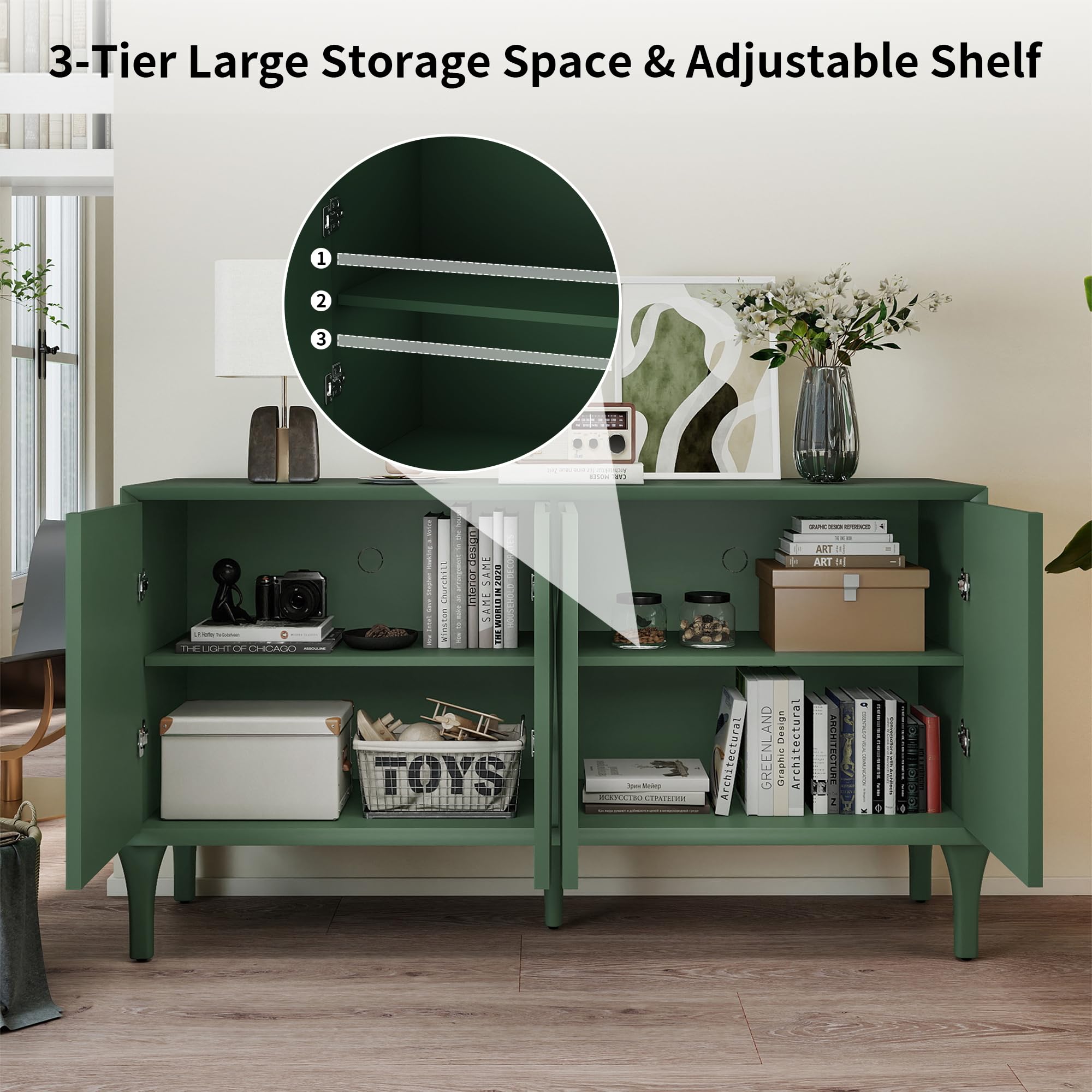 SZTHHDF 59" Sideboard Buffet Cabinet with Storage, Mid-Century Modern Storage Cabinet Accent Buffet Sideboard with Adjustable Shelves & Solid Wood Legs Large Credenza for Living Room (Green)