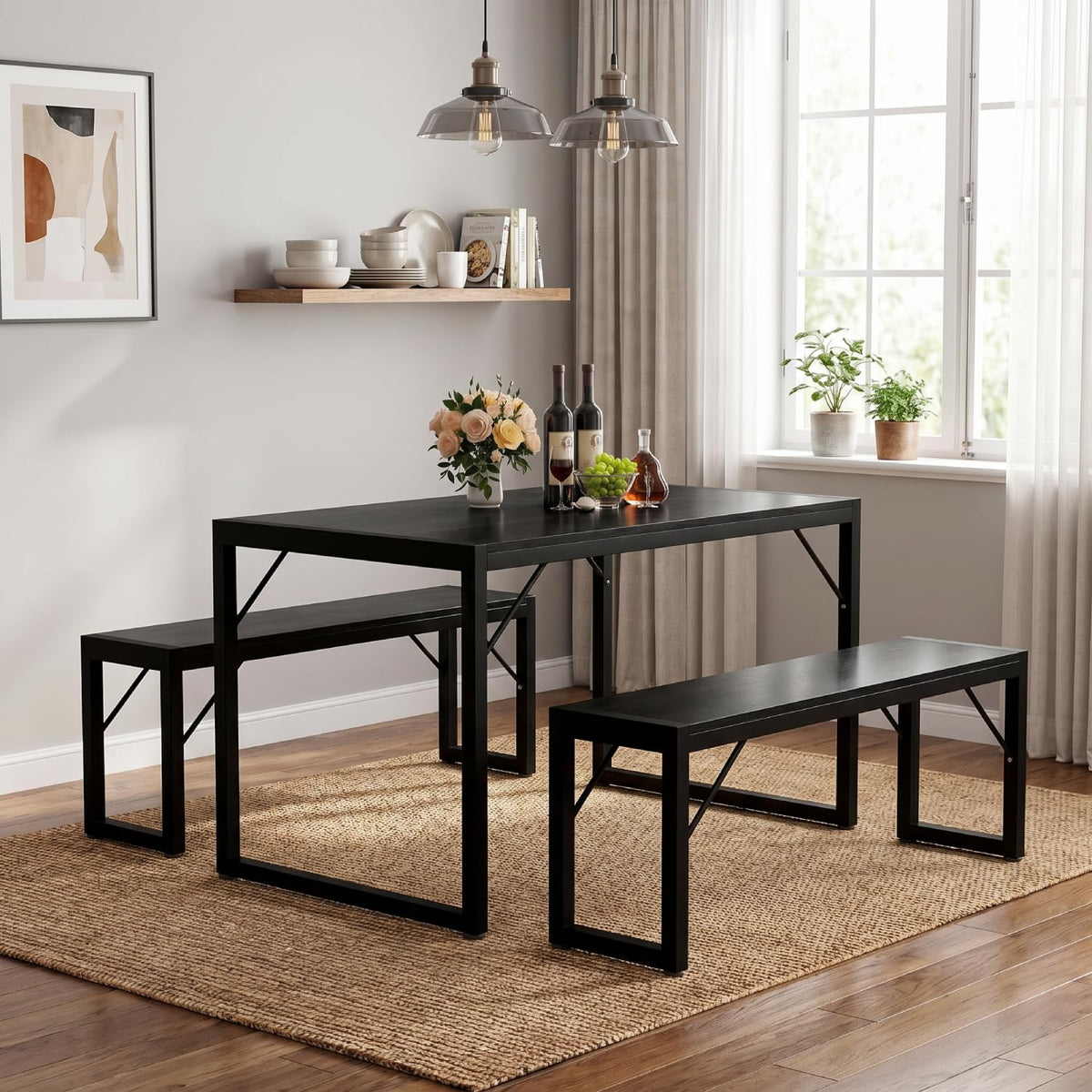 Bealife Dining Table Set for 4 with Metal Frame and MDF Board - Black