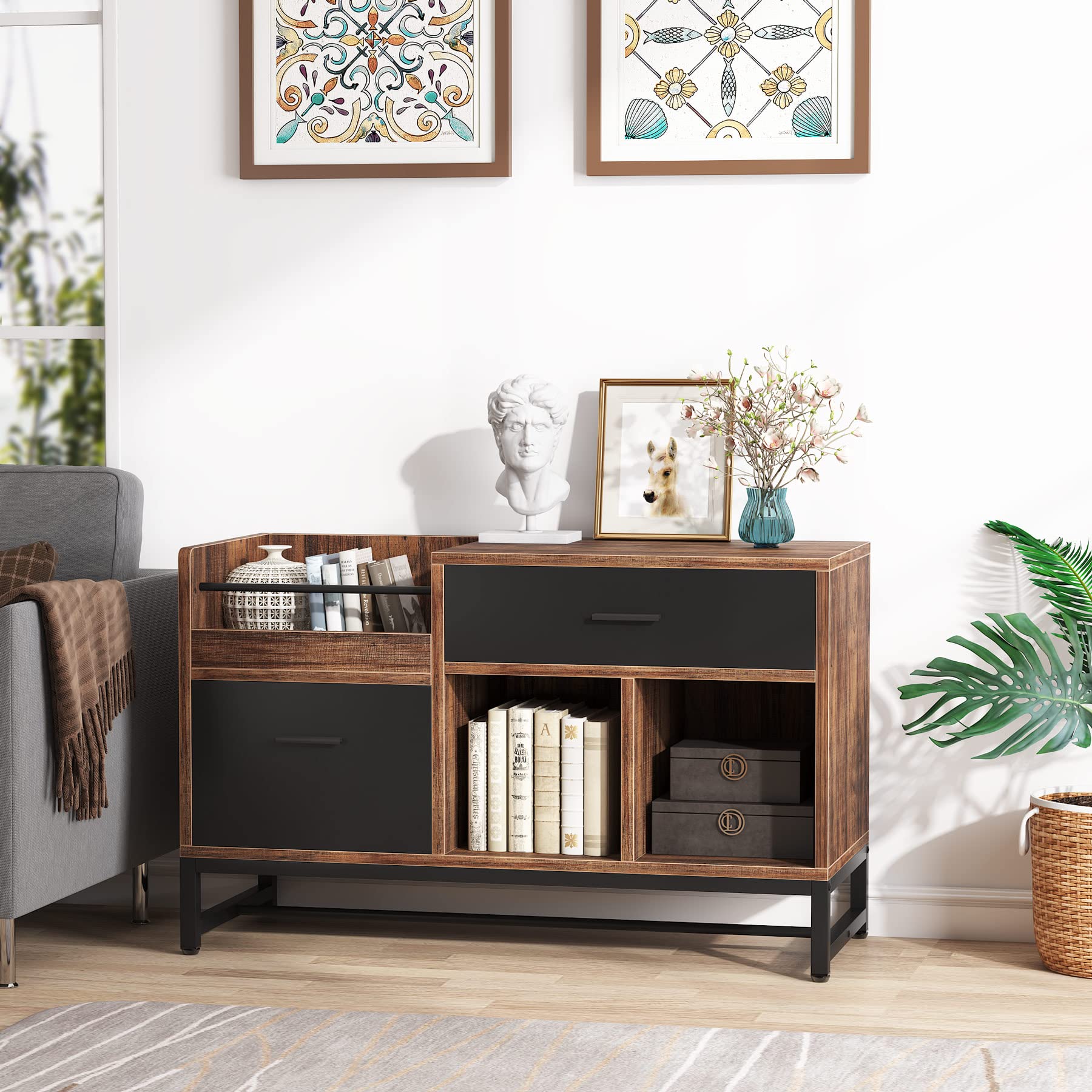 Lateral Filing Cabinet with 2 Drawers & Open Shelves