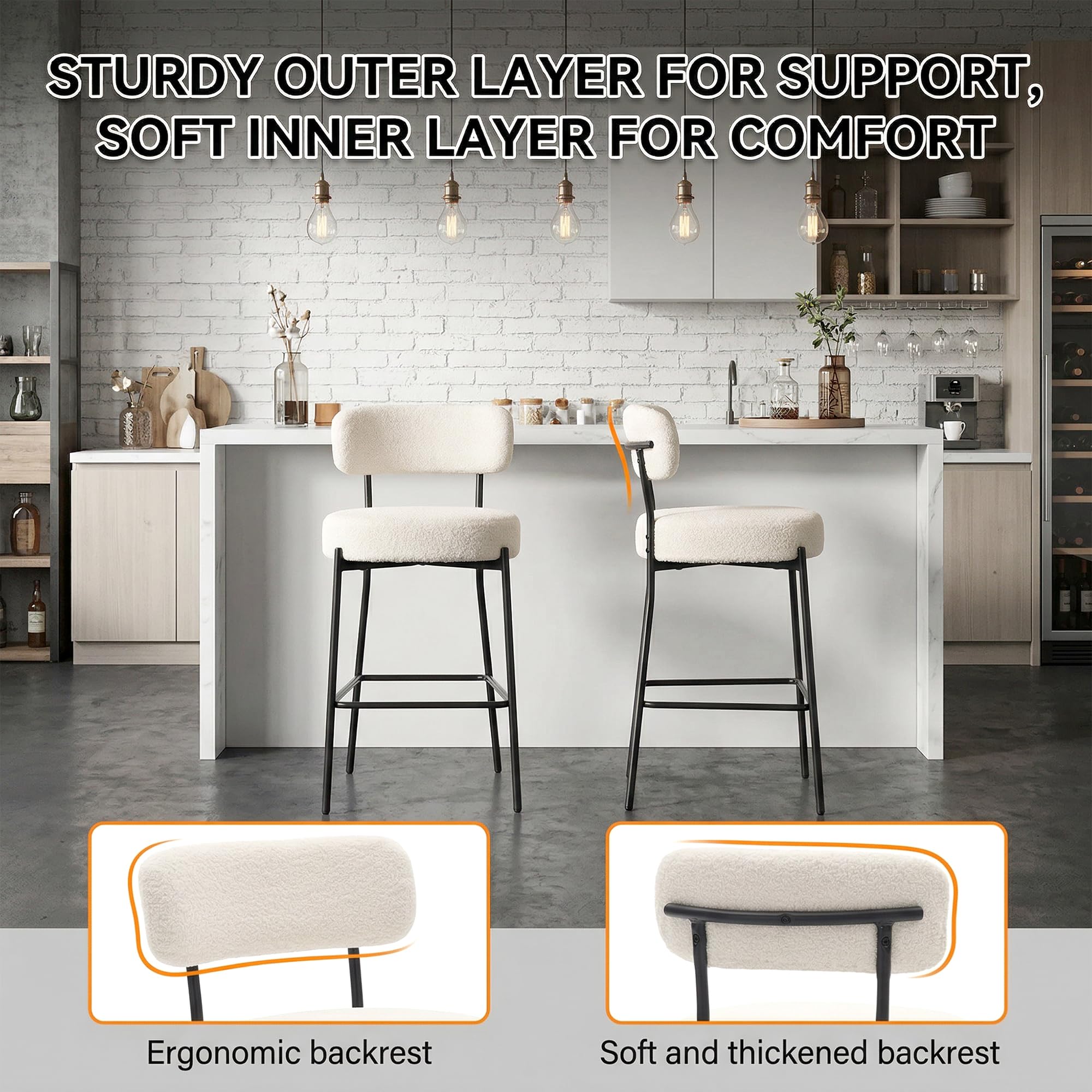 Boucle Counter Height Bar Stools with Back, Set of 2