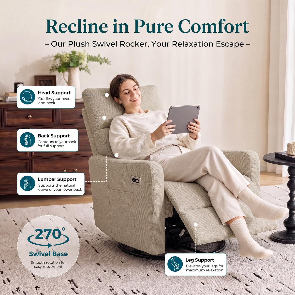 cinkehome Small Power Swivel Rocker Recliner, Glider Chair for Nursery