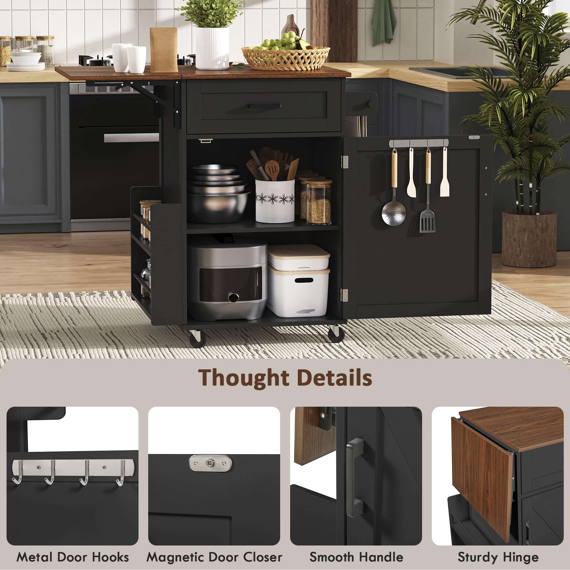 Seeheool K&K 39.3" Farmhouse Kitchen Island with Drop Leaf, Kitchen Storage Island with Open Side Rack, One Drawer, Towel Rack, Rolling Kitchen Cart with Lockable Wheels for Lawn Garden, Black