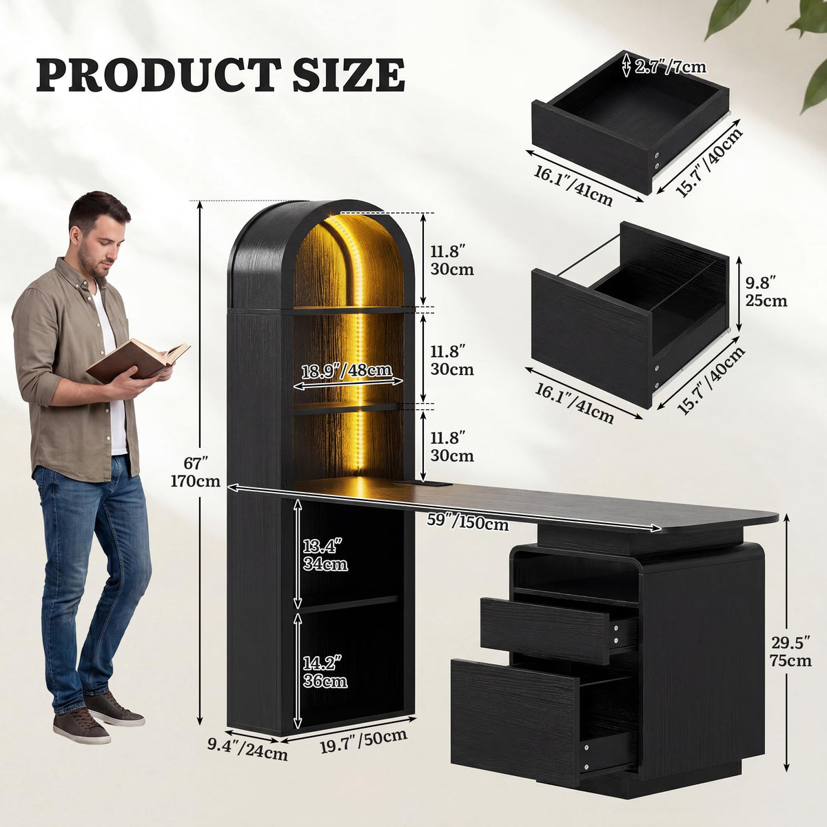 LED Computer Desk with Bookshelf