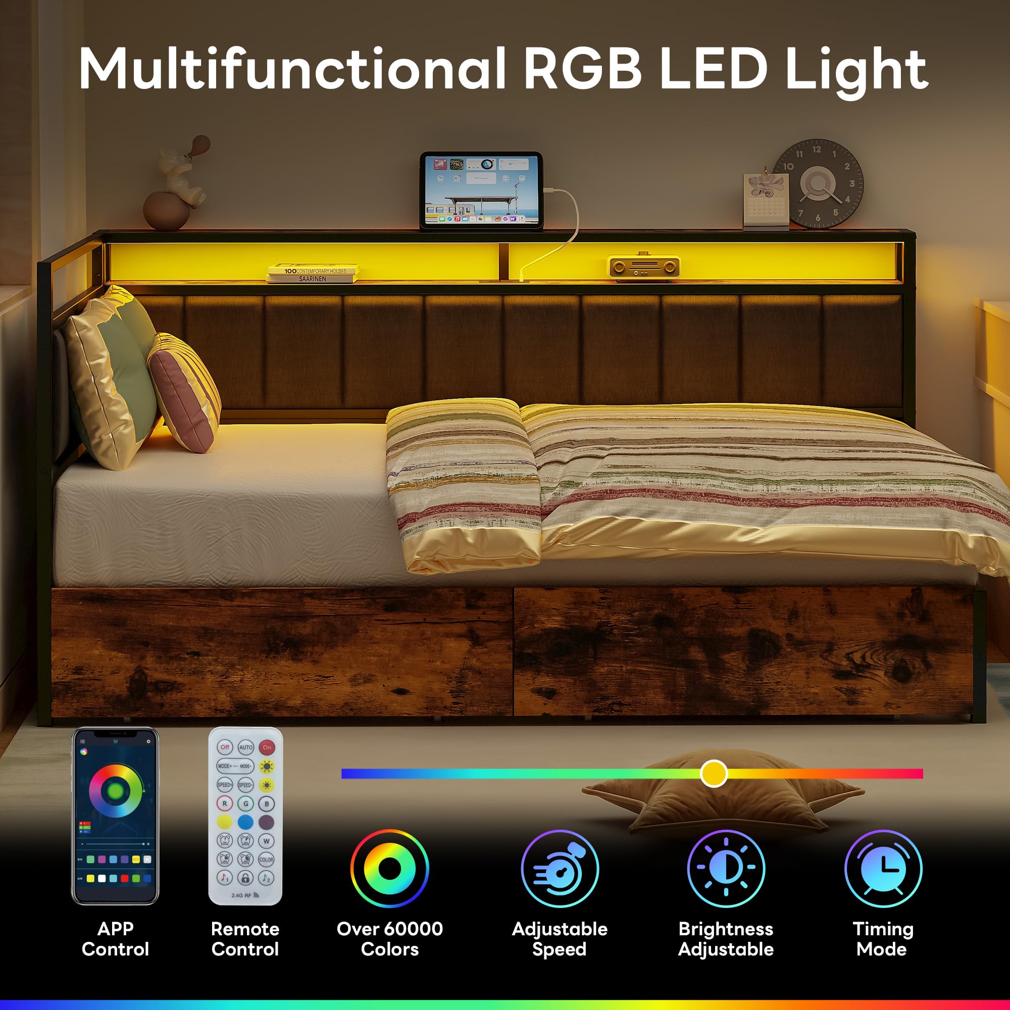 LIKIMIO Corner Bed Frame Full Daybed with Storage Drawers, Metal Platform Bed Frame with LED Light, Charging Station & Fabric Upholstered Fence, Black
