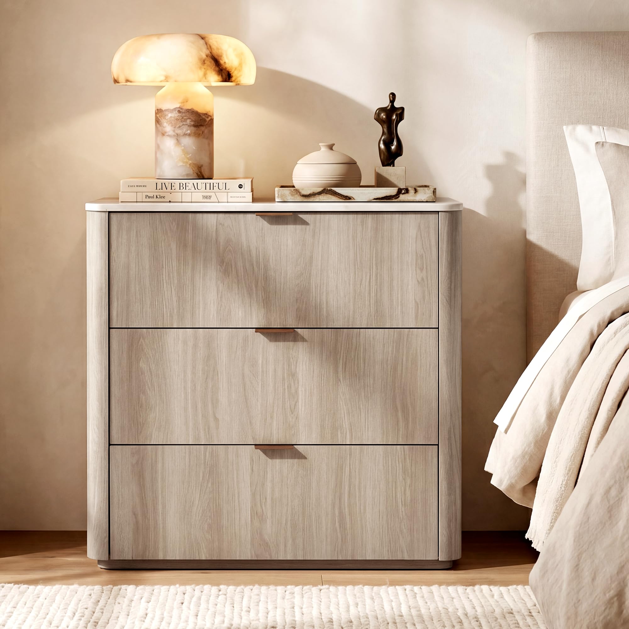 ModernMate 3 Drawer Dresser with Curved Profile & Faux Travertine Texture, 31.5" Large Nightstand Anti-Tip Chest of Drawers for Bedroom, Living Room, Wood Grain Gray