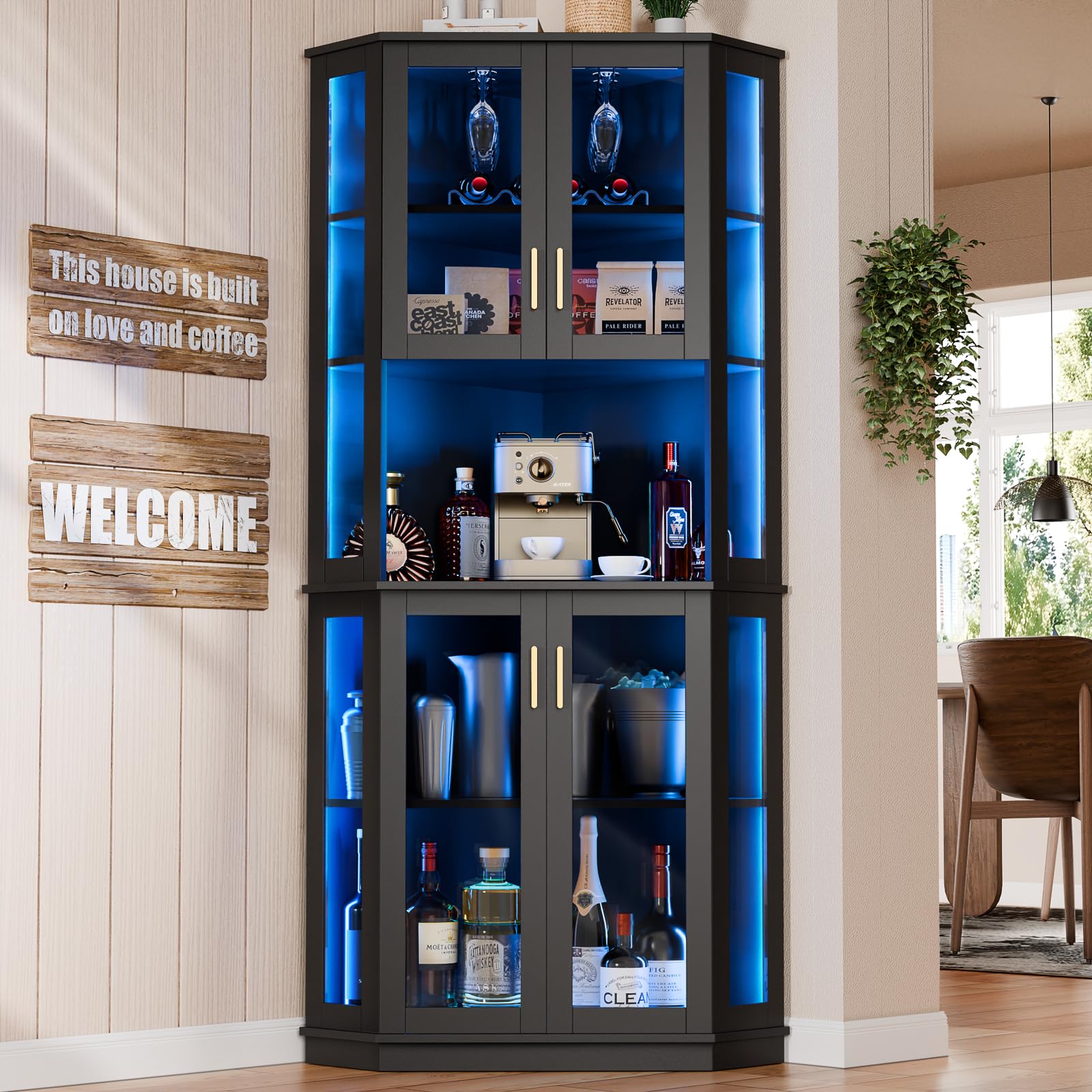 Loomie 71'' Corner Wine Bar Cabinet with LED Lights,5-Tier Tall Home Liquor Coffee Bar Cabinet W with Tempered Glass Door & Glasses Rack, Alcohol Cabinet Storage Hutch for Kitchen,Living Room (Black)