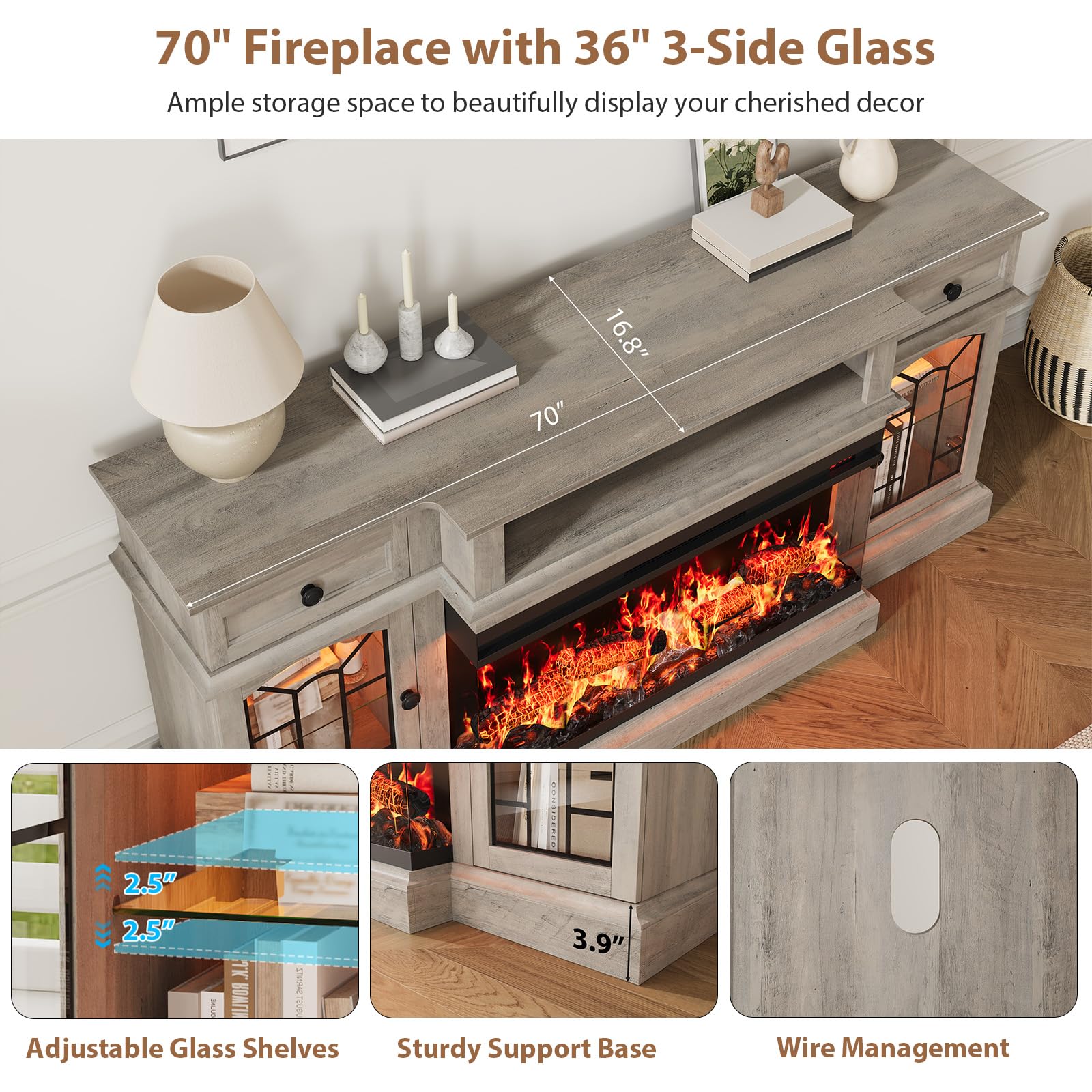 QUW 70" Farmhouse Fireplace TV Stand for TVs up to 80", Entertainment Center with 36" 3-Side Glass Electric Fireplace with Open Shelf and Cabinet, TV Console for Living Room, Grey