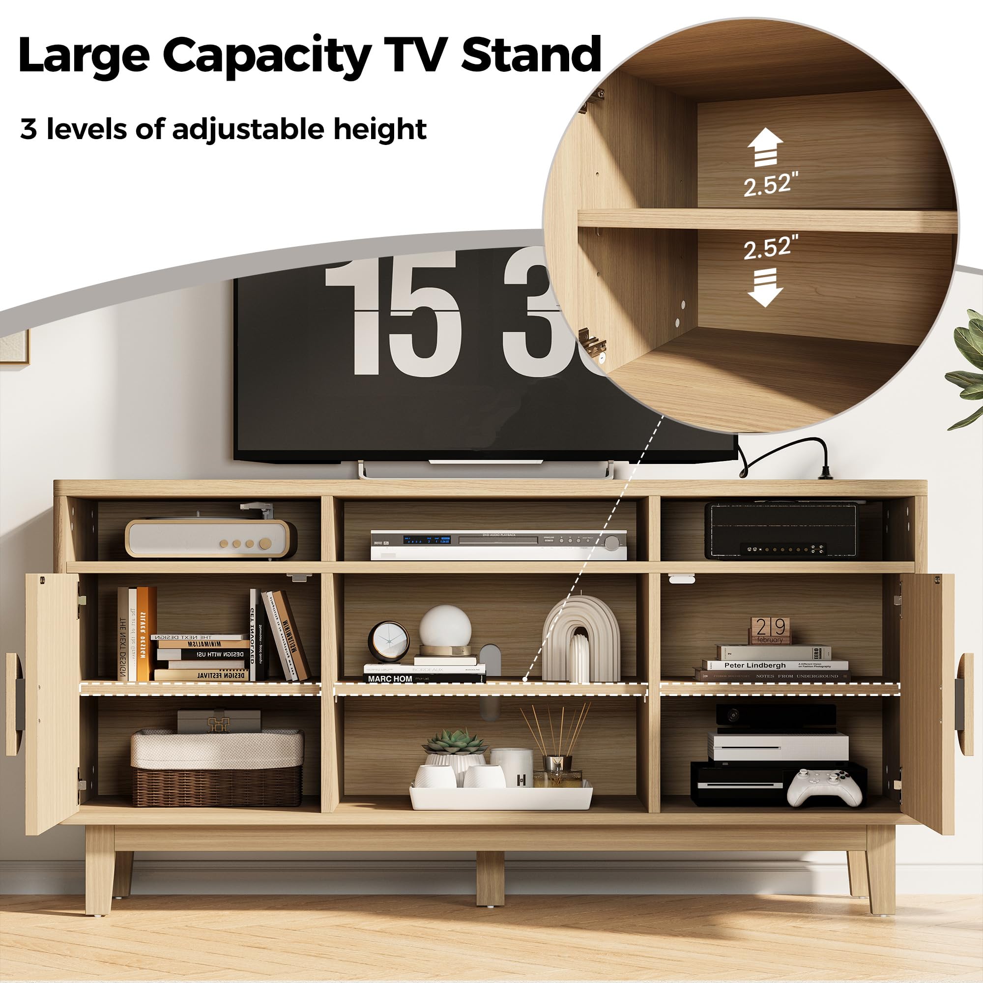 TV Stand for 65" TV with Charging Station & Fluted Doors, 59"