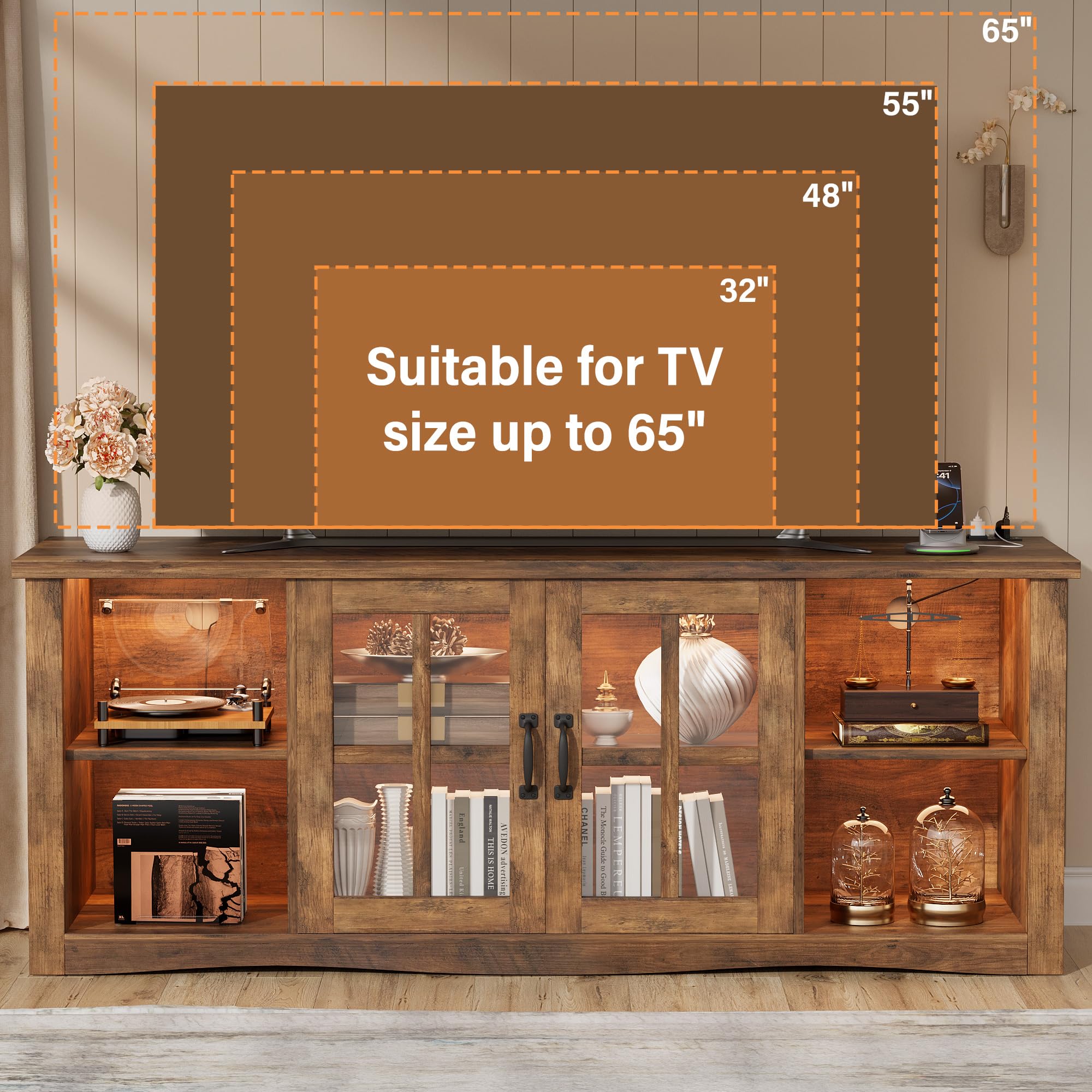 58" TV Stand with LED Lights, Glass Doors & USB Charging