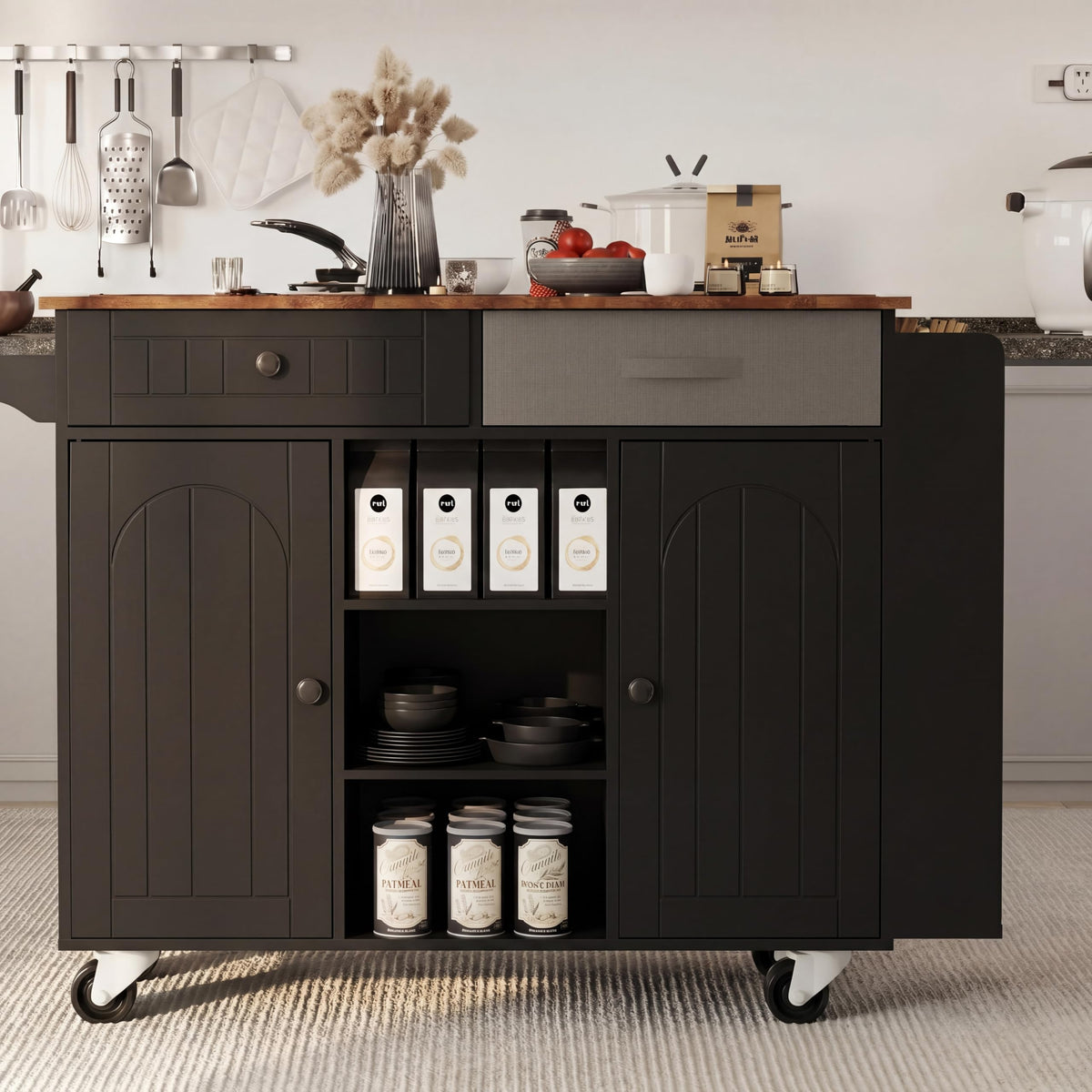 Ncoutaire Rolling Kitchen Island with Storage, Black