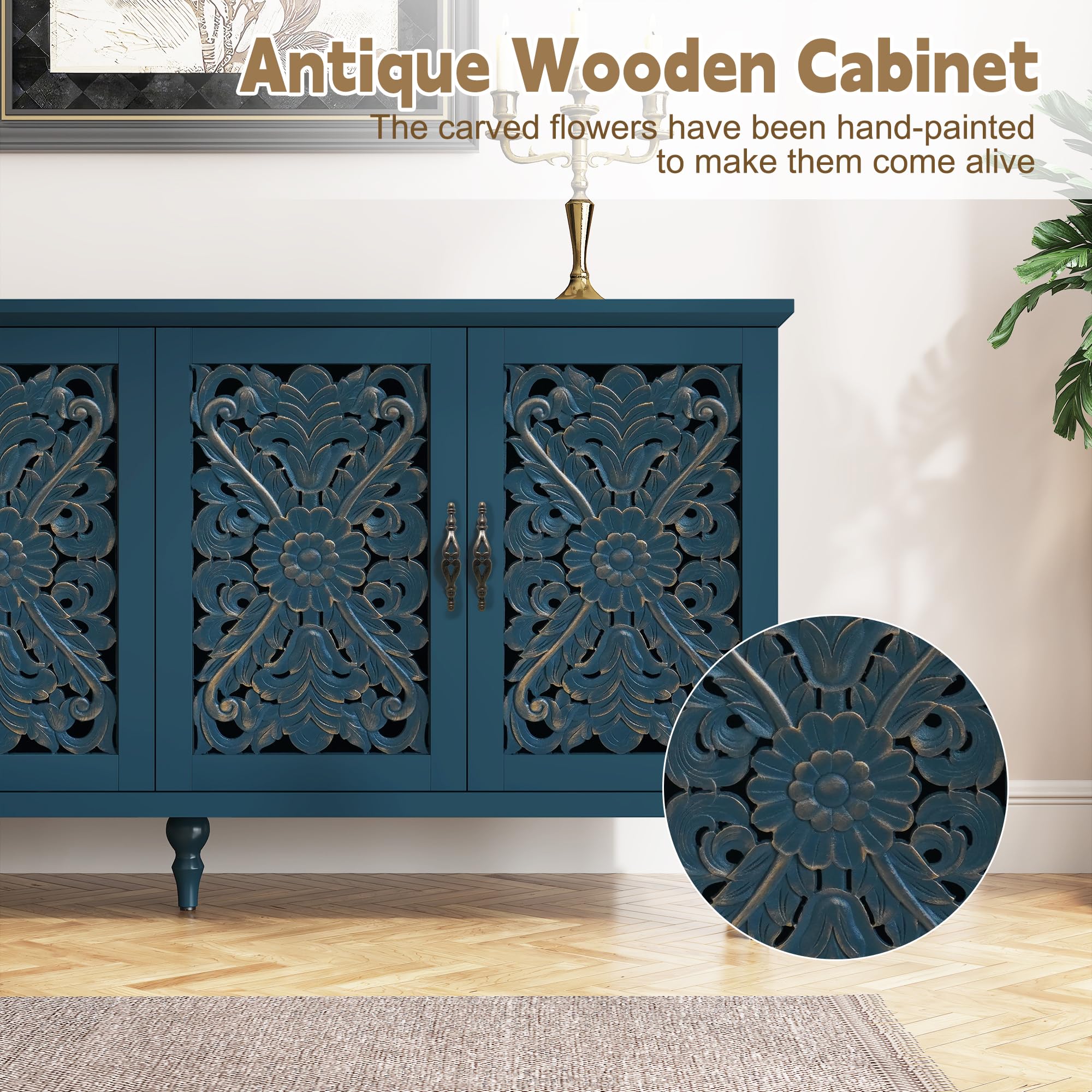 63" Hollow Carved Wood Accent Cabinet with 4 Doors