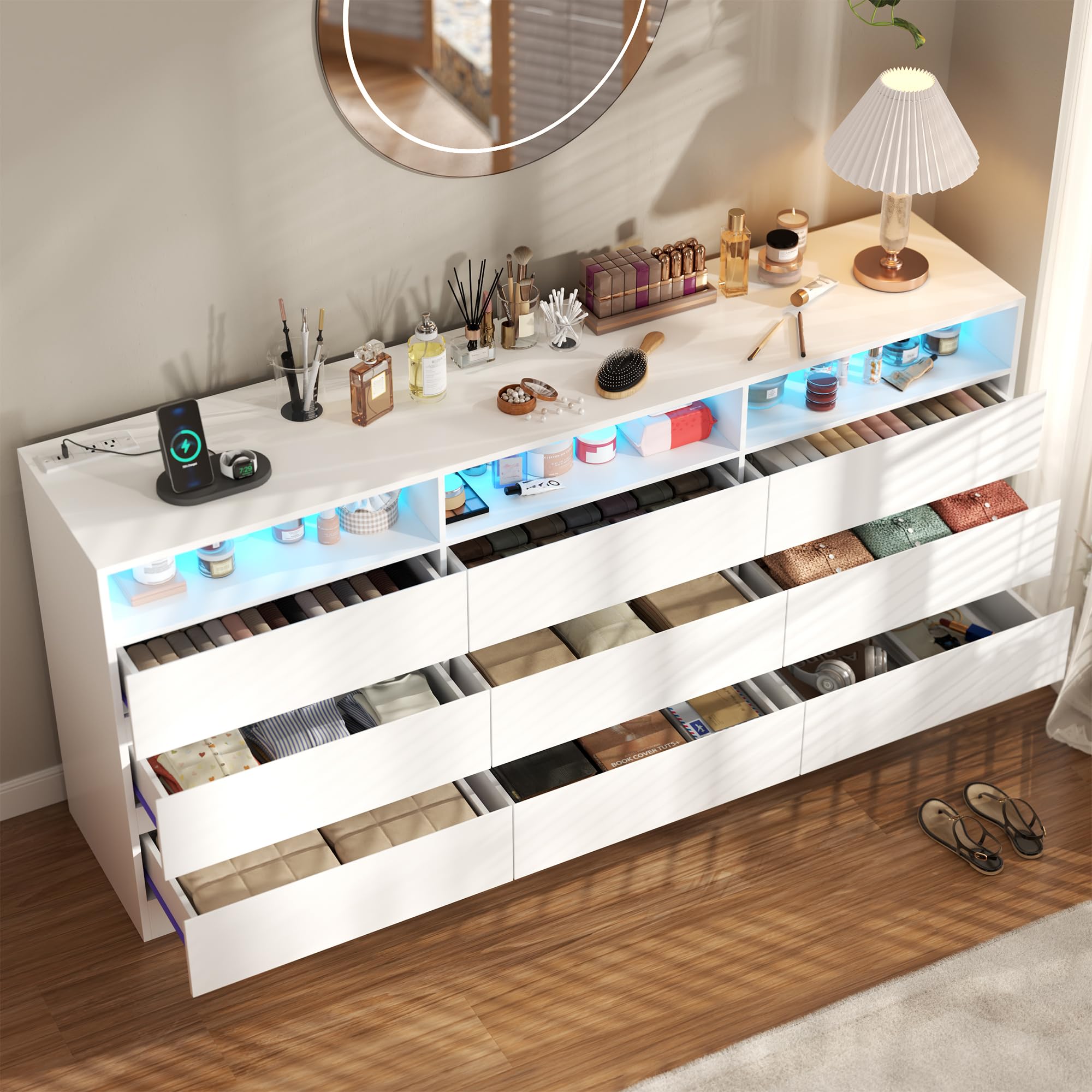 9 Drawer Dresser with Power Outlet, Modern Chest of Drawers with LED Ligh, Wood Dressers TV Stand, Double Wide Dressers Organizer for Closet, Storage Organizer Drawers for Bedroom, Living Room (White)