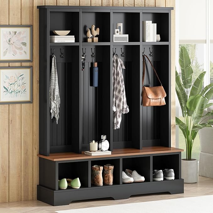 Farmhouse Hall Tree with Bench & Shoe Storage