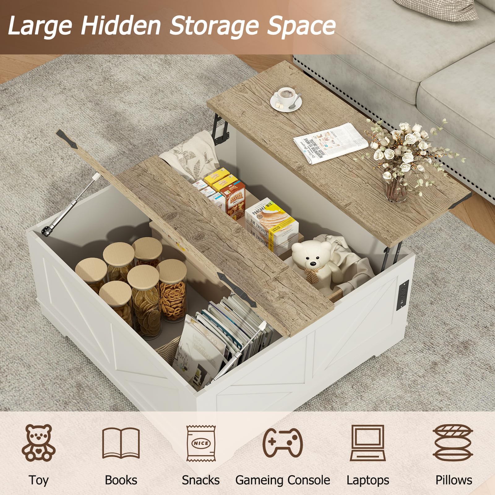 EAG 40" Large Farmhouse Lift Top Coffee Table with Hidden Compartment & Power Outlets, Square Wooden Coffee Table with Multi-Function Flip-Top Ample Storage Center Table for Living Room, White