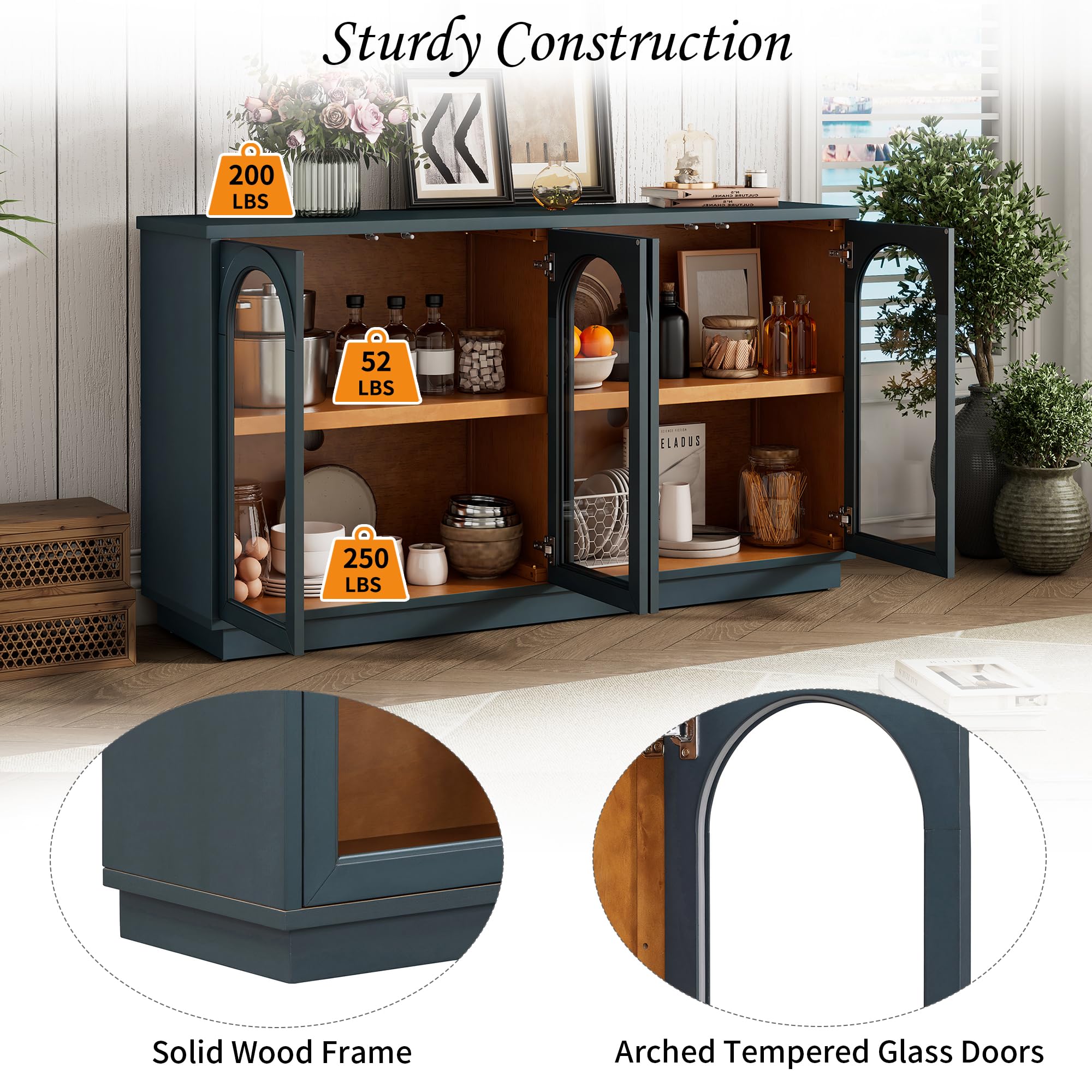 Merax 4-Door Large Storage Buffet Cabinet with Arched Glass Doors and Adjustable Shelves for Kitchen, Dining Room and Living Room