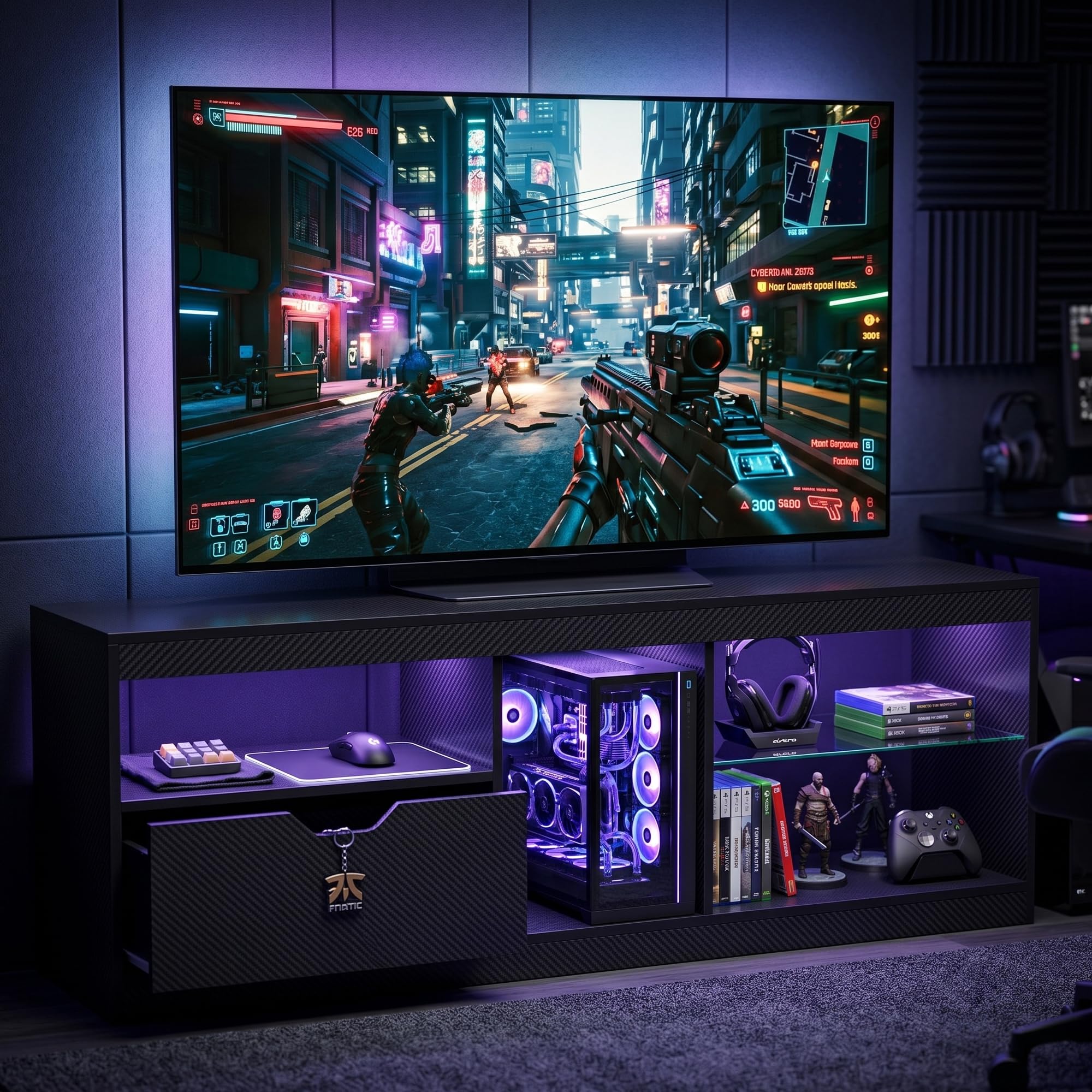 Homall LED TV Stand Mount for 65 inch, Modern Entertainment Center with LED Lights & High Glossy Cabinets, TV Cabinet Console Table with Drawer, Glass Shelves, Dynamic RGB Modes for Living Room, Black