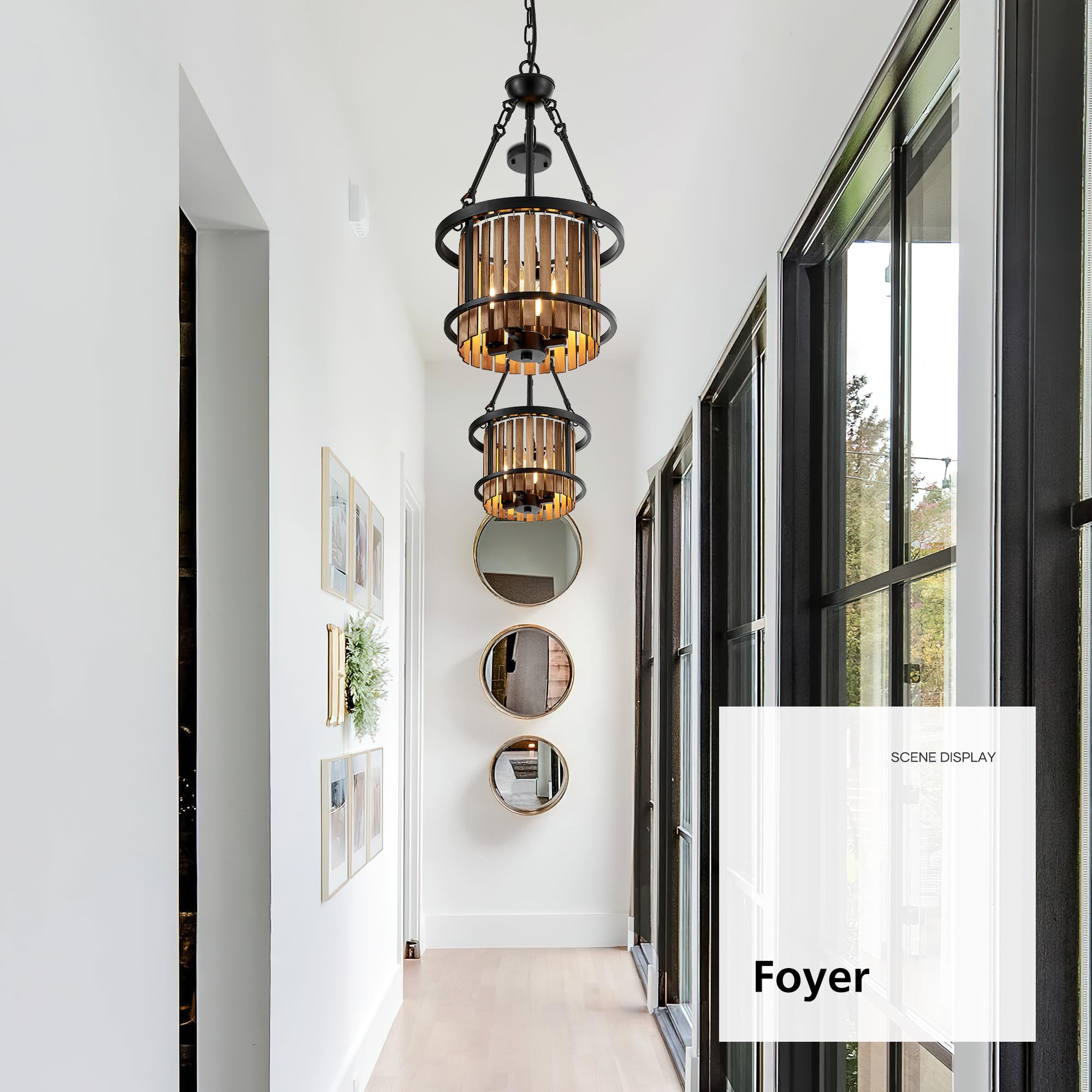 Aol furin 4-Light Drum Chandelier for Dining Room，11.8" Rustic Farmhouse Dining Room Light Fixture，Wood Grain and Vintage Black Metal Chandeliers for Kitchen Entryway Living Room
