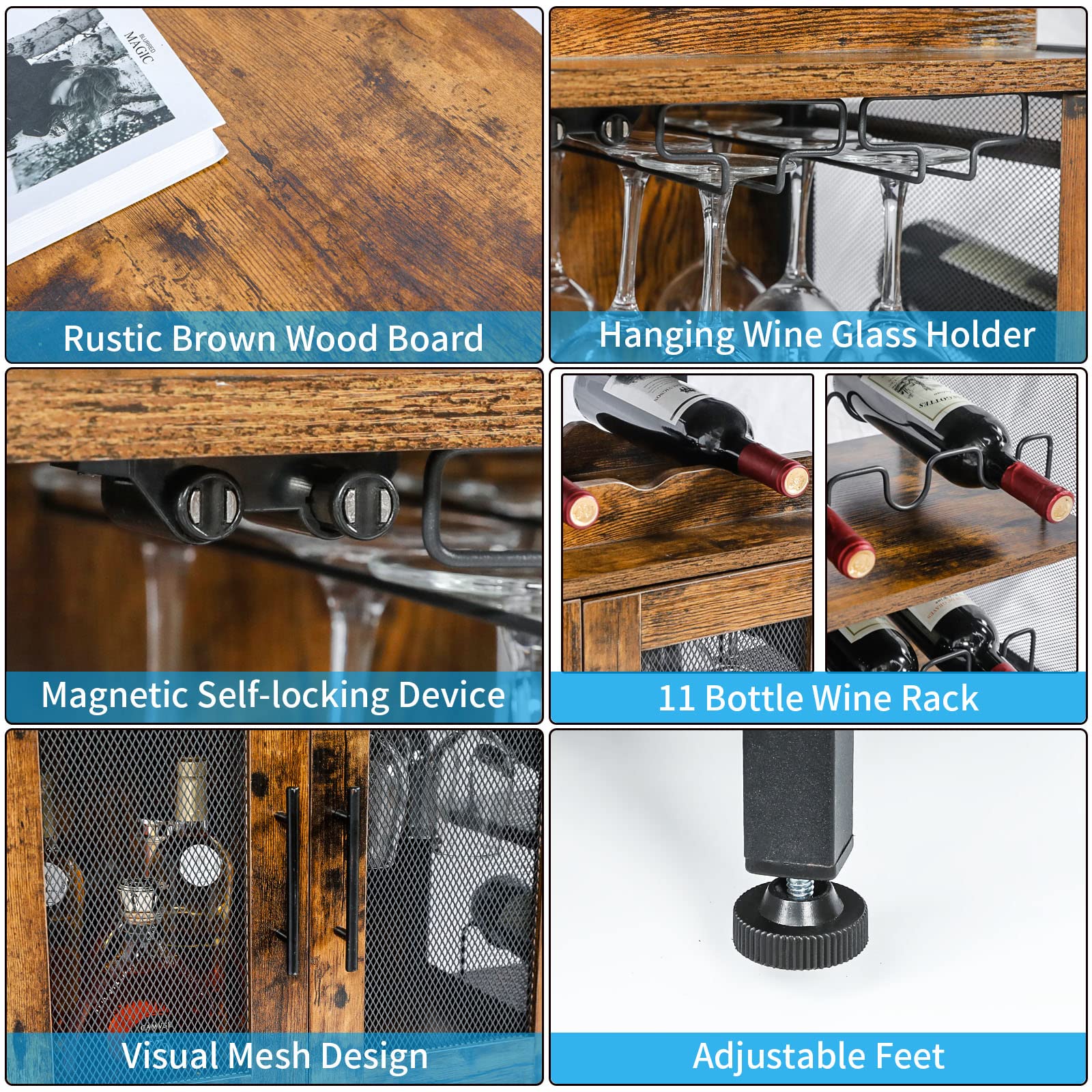 Wine Bar Cabinet with Detachable Wine Rack & Glass Holder