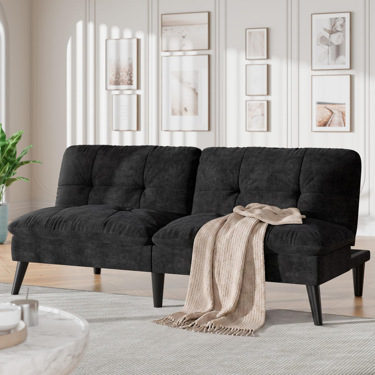 Shintenchi Futon Sofa Bed, Foldable Small Velvet Couch Bed with Adjustable Recliner, Space Saving 2 in 1 Sofa for Living Room, Apartment, or Guest Room, Black
