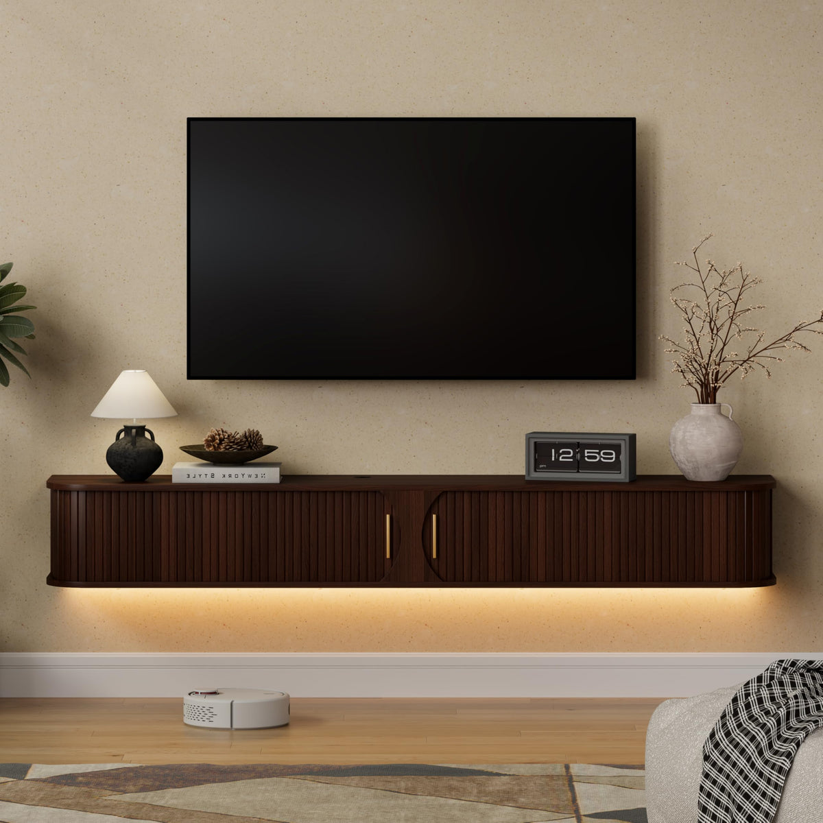 Floating TV Stand with LED Light, Wall Mounted Media Console with Sliding Doors, Floating Entertainment Center with Storage, Wall Hanging TV Cabinet for Living Room Bedroom (Walnut, 71 inch)