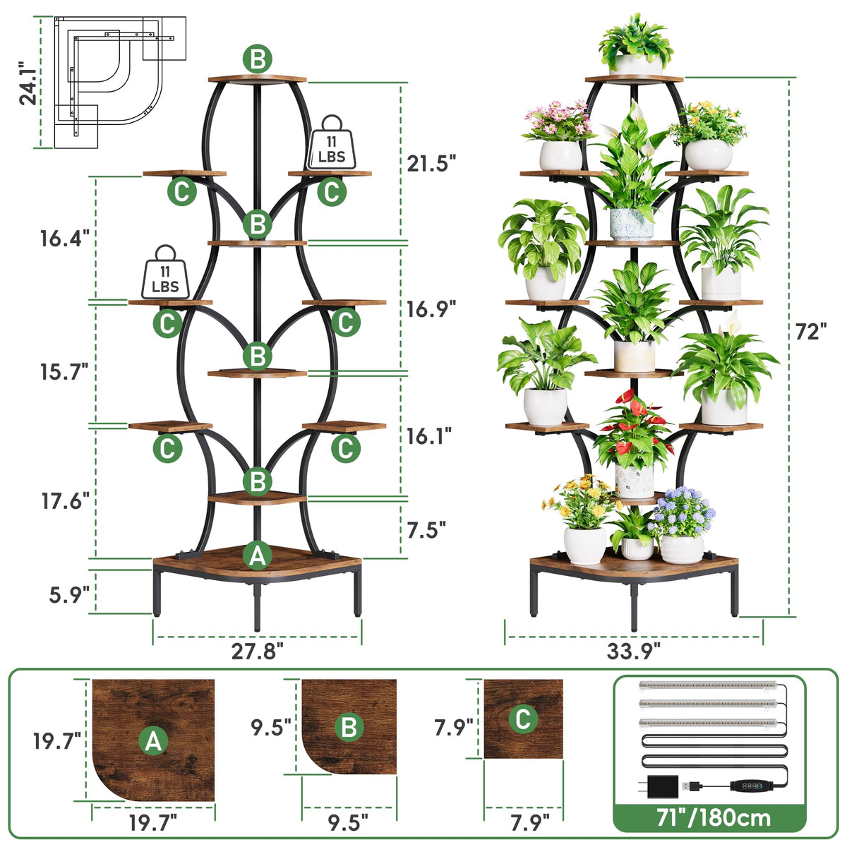 Corner Plant Stand with Grow Light