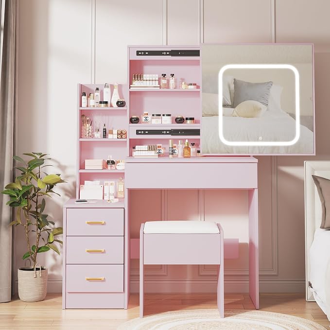 LED Sliding Mirror Vanity with Stool
