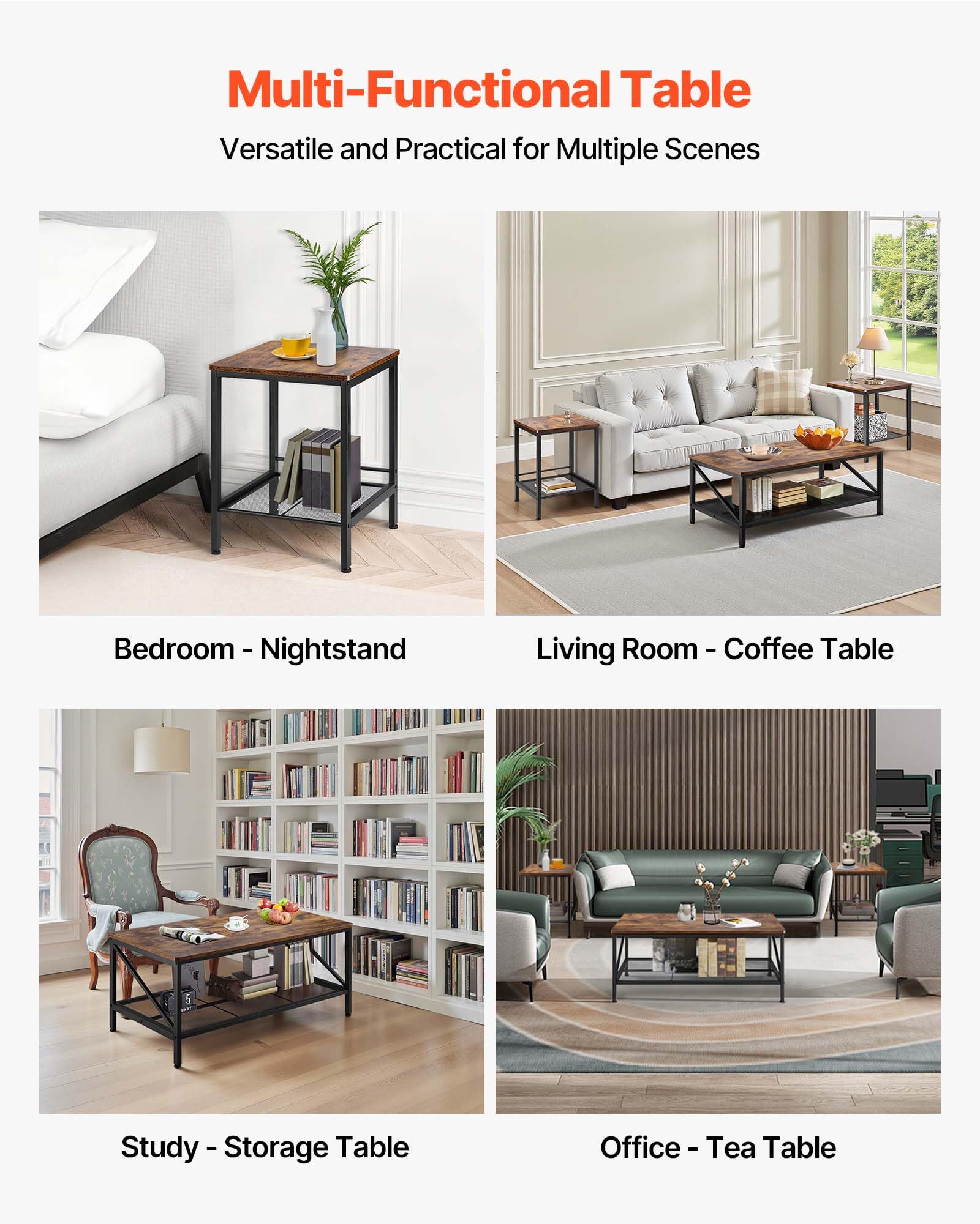 3-Piece Living Room Coffee & End Table Set with Metal Legs