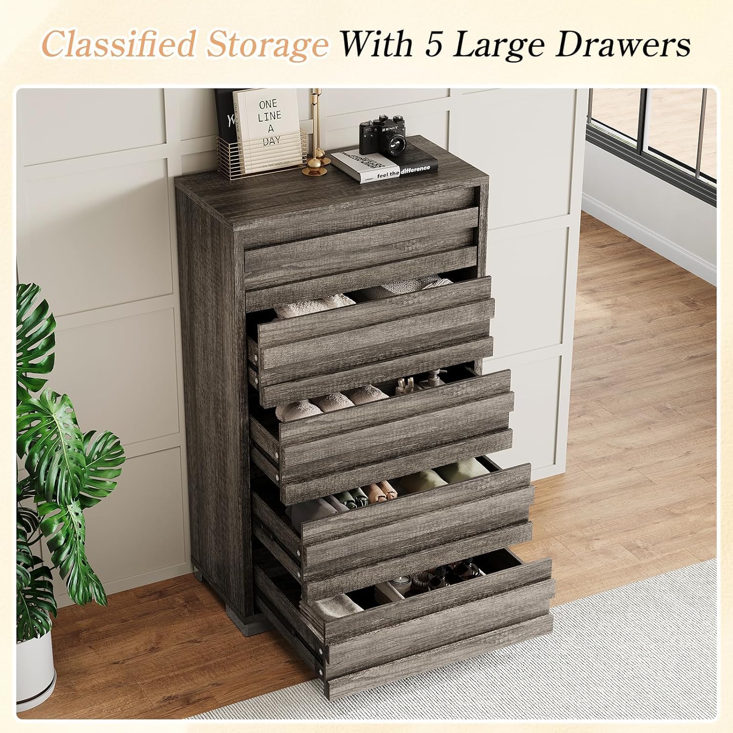 LUXOAK 2 Pcs Bedroom Furniture Sets - Includes 1 X Farmhouse 5 Drawers Dresser, 1X Farmhouse Full Size Bed Frame with 49" Tall Headboard, Wooden Platform Bed with Hidden Metal Bed Frame, Rustic Grey