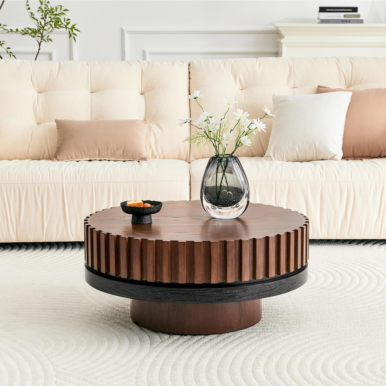 LKTART 31.5" Fluted Drum Coffee Table, Round Center Table with Black Walnut Accent & Textured Base, Easy Assembly, Mid-Century Modern Wood Veneer Cocktail Table for Living Room, Apartment, Office