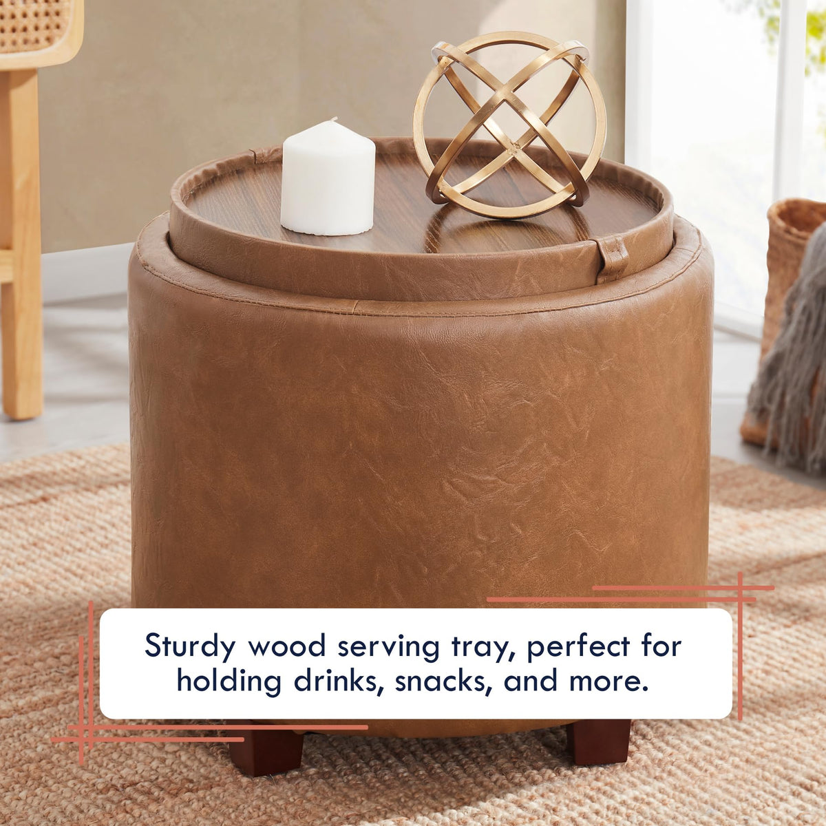 Round Storage Ottoman with Tray