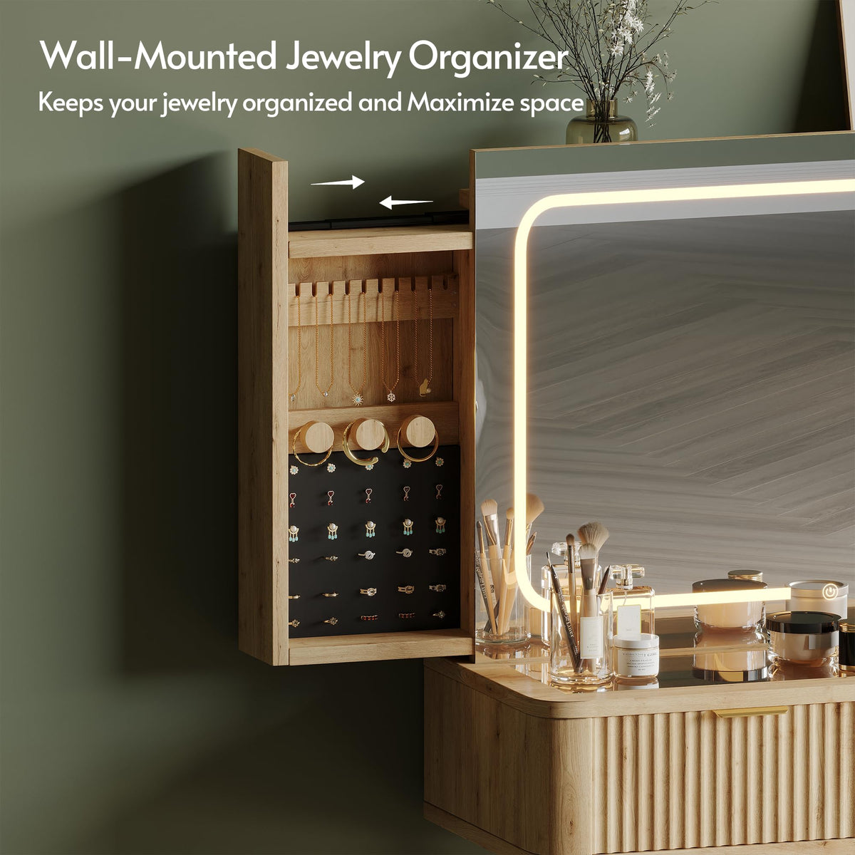 48"Wood Vanity with Clear Glass Top,Large Mirror and Lights,Natural Wood
